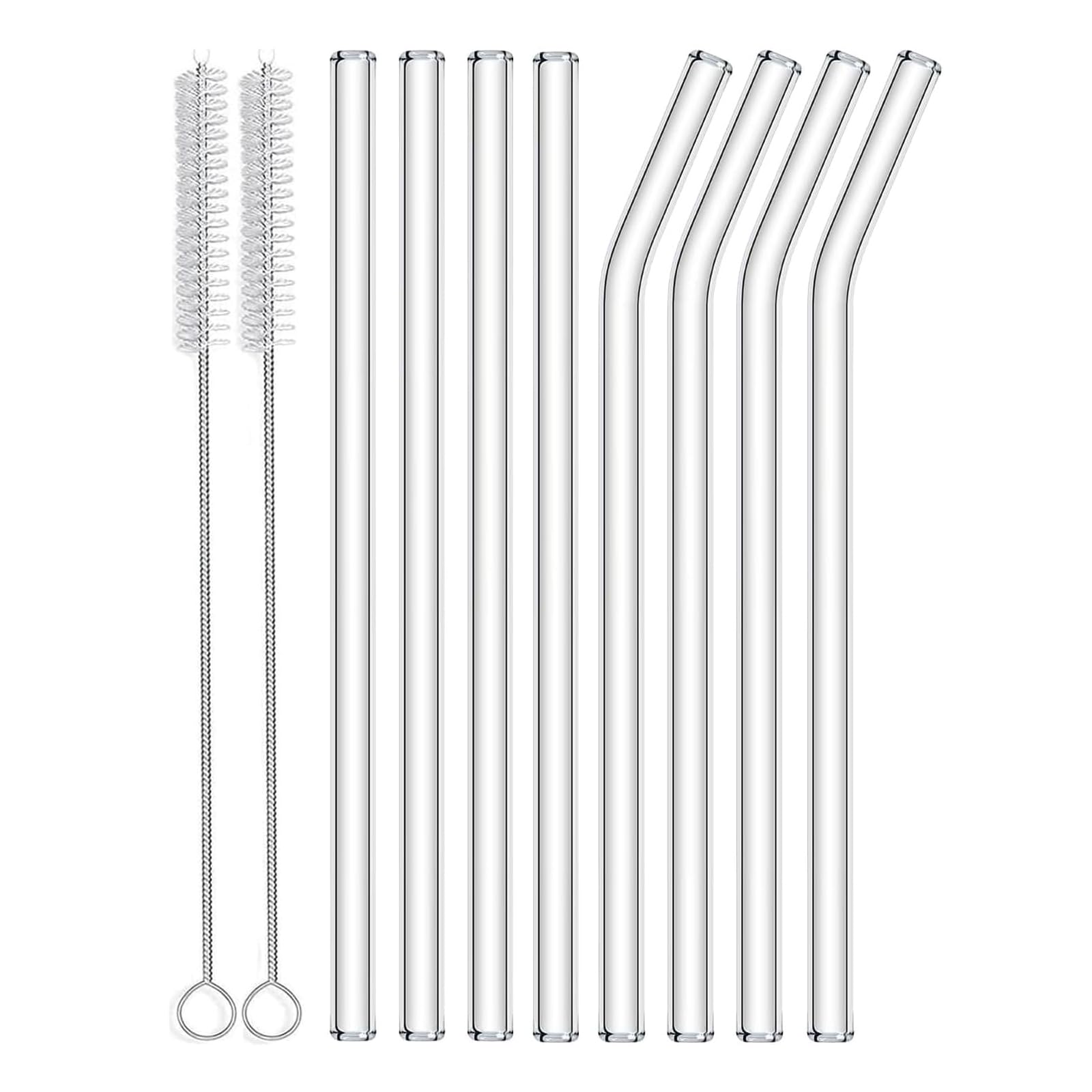 Redreo 10PCS Reusable Glass Straws - 4 Straight Glass Straws and 4 Curved Glass Straws with 2 Cleaning Brushes, Glass Drinking Straws for Tea, Slush, Cocktail, Juices
