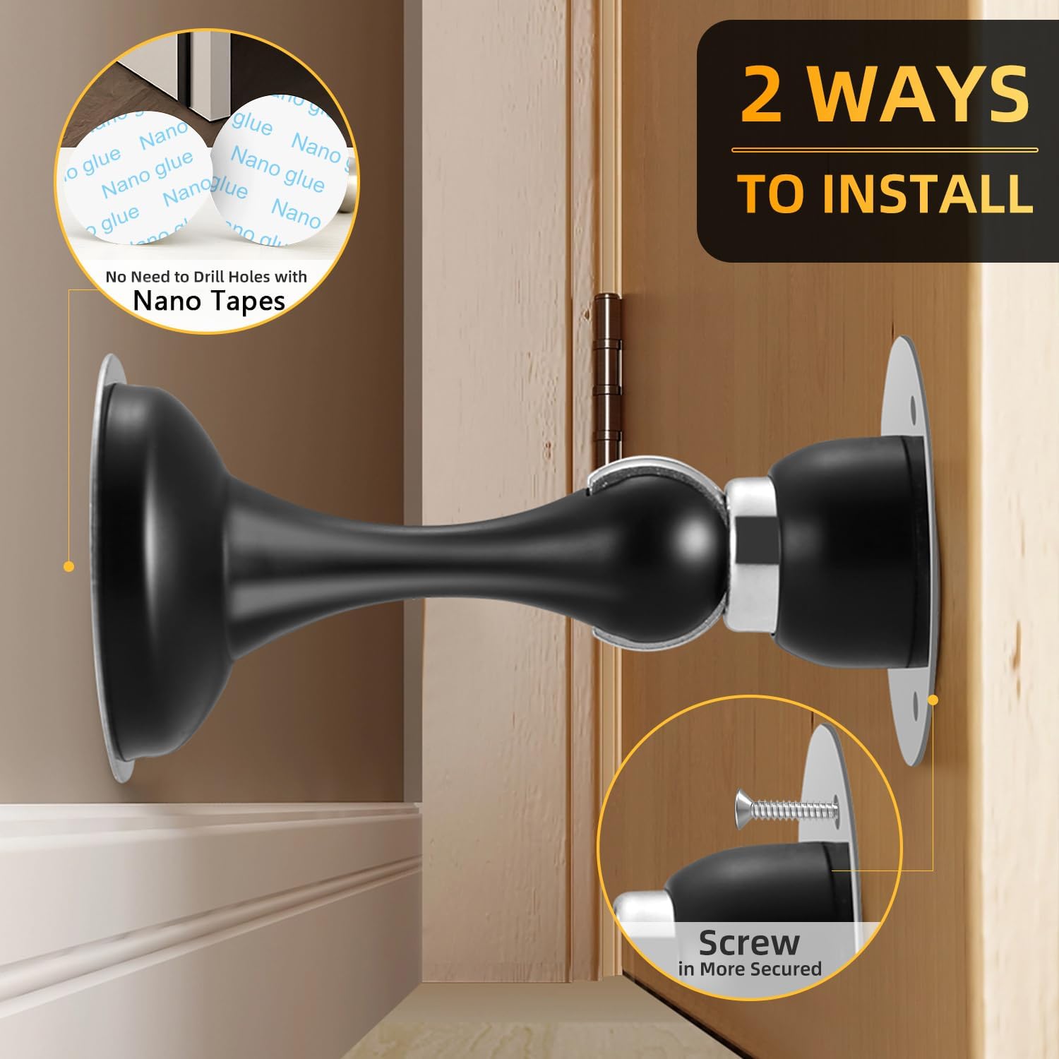8 Pack Magnetic Door Stop No Drilling Door Stop with 3D Adhesive Tapes Keep Door Open Door Stainless Steel Screws for Stronger Mount (Black)
