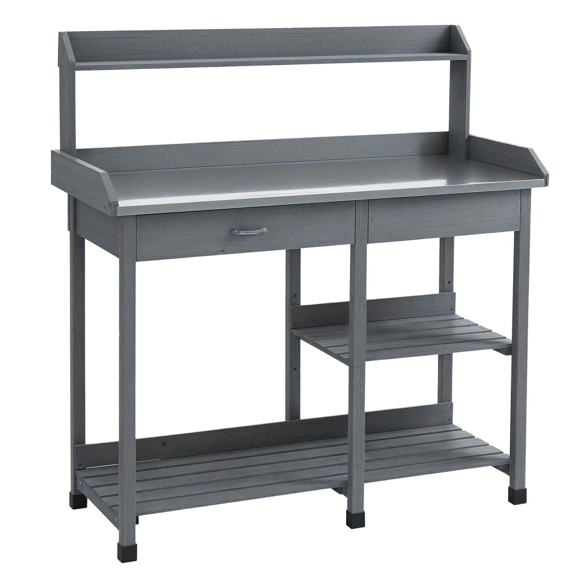 Outsunny Grey Garden Potting Table, Wooden Workstation Bench W/Galvanized Metal Tabletop, Drawer, Storage Shelves And Hooks For Patios, Courtyards, Balcony