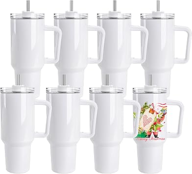 DS 8 Pack Sublimation Tumblers 40 OZ with Handle Blank Insulated Large Tumbler Bulk, Coffee Travel Cups Stainless Steel Travel Mug for DIY Craft Heat Press Print