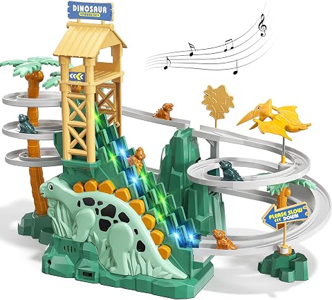 JUKUDAHU Dinosaurier Rennstrecke Spielzeug für Kinder 3-8 Jahre | Kletterrutsche Treppen Spielset, Autorennbahn, Mit Licht und Musik, Geschenke für Jungen und Mädchen