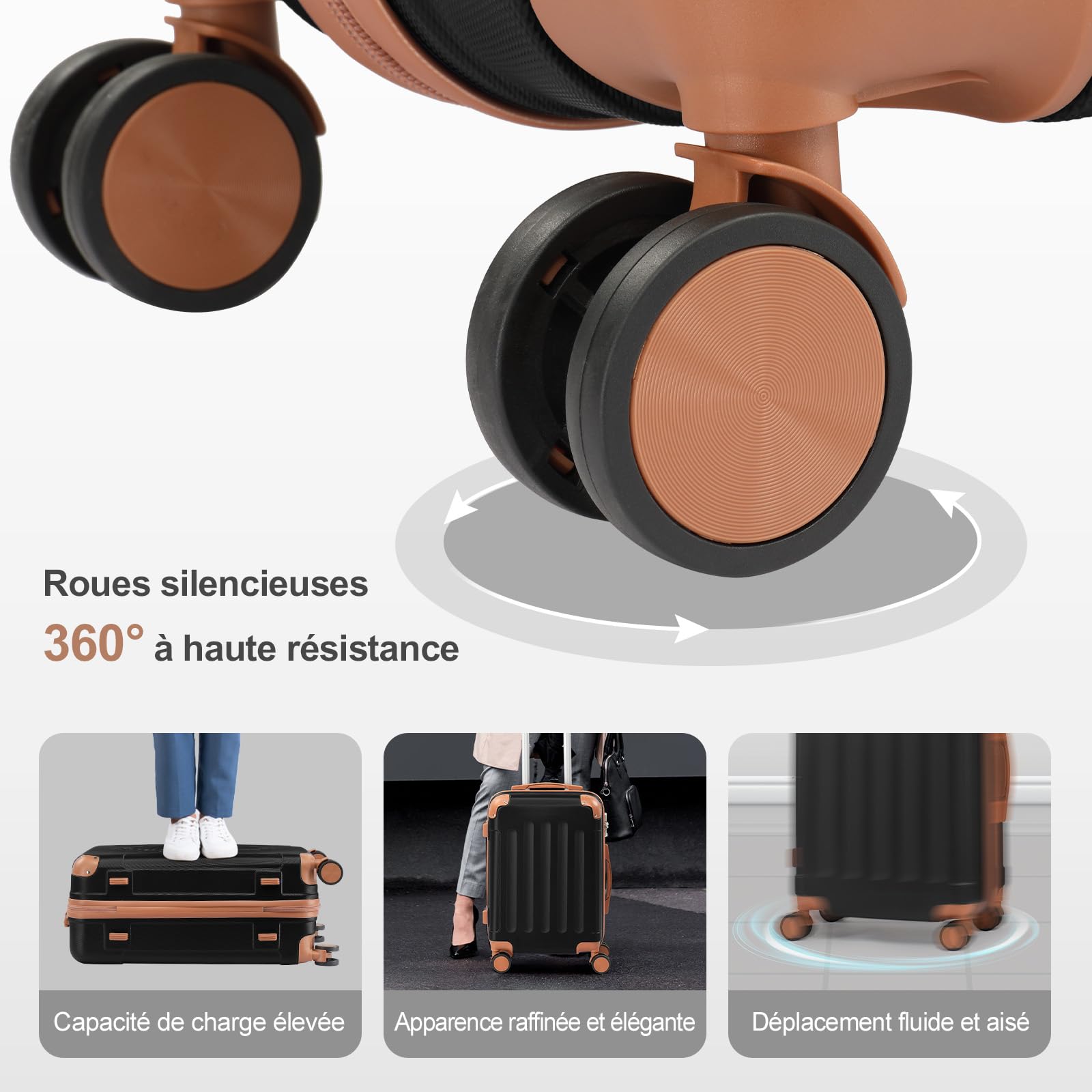 LEADZM Set de 4 Valises de Voyage avec Vanity Case, Valise Grande Taille & Cabine, Set de Bagage pour Voyage, ABS avec Coins Renforcés, roulettes Pivotantes 360° et Cadenas - Noir-Marron