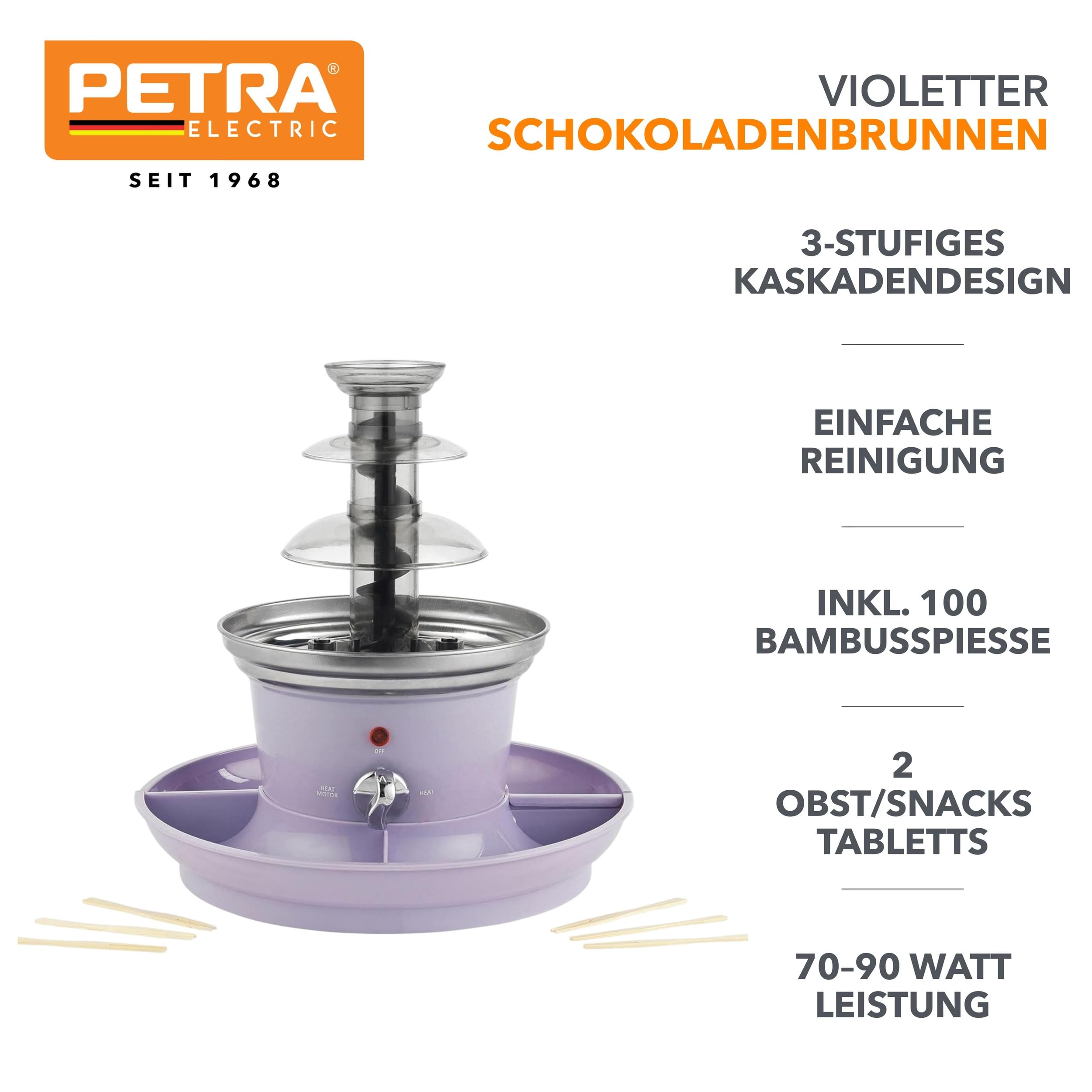 Petra PT3428PPVDEEU7 Schokoladenbrunnen 3 Etagen - Kaskadendesign, einfache Reinigung, Dip & Share Schokofontäne, umfasst 2 Obst/Snacks Tabletts & 100 Bambusspieße, Schokoladenfondue, 70–90 W, violett