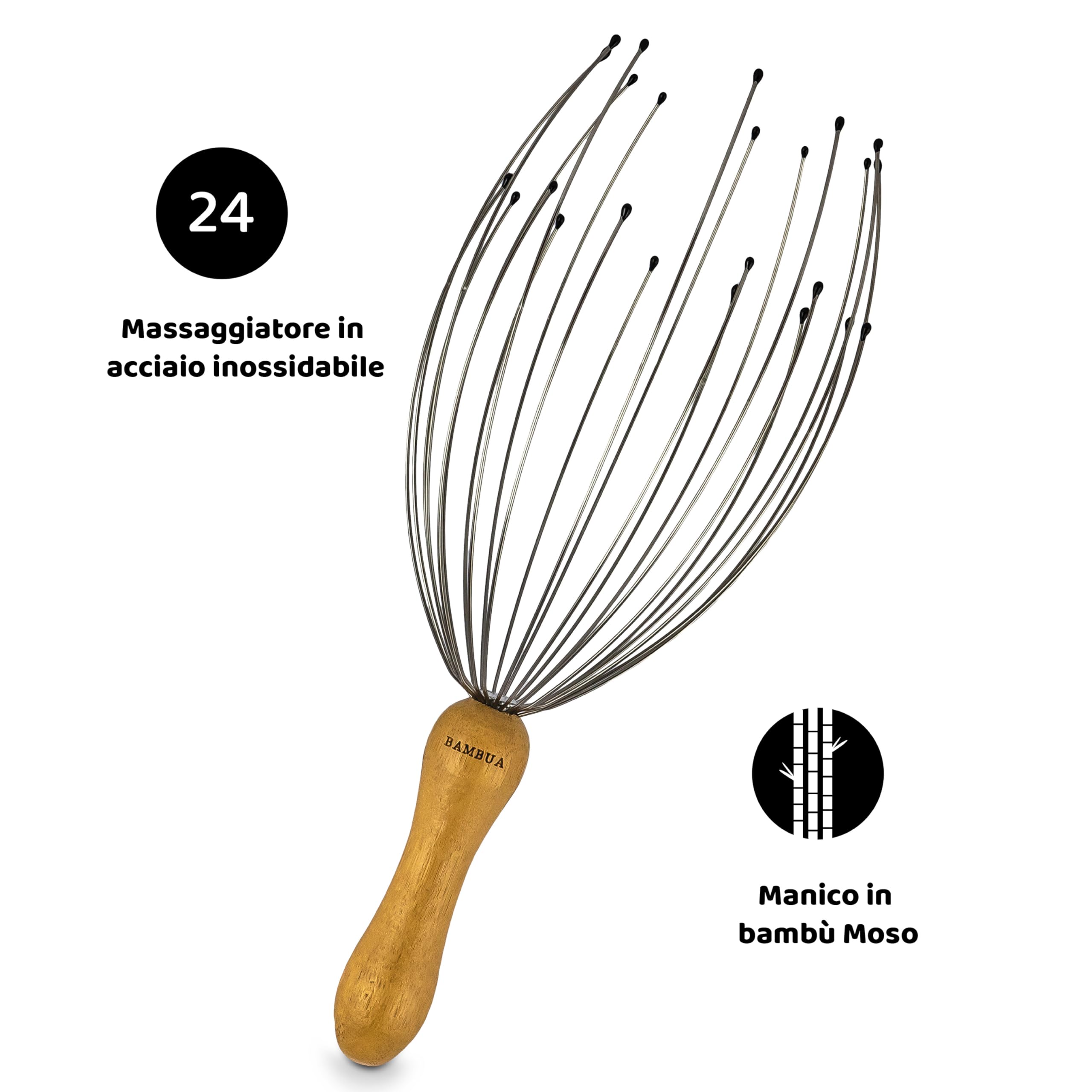 BAMBUA - Massaggiatore Testa Capelli (Manico in bambù) con 24 Dita - Massaggio testa di Alta Qualità per una Sensazione di Relax Sostenibile - Massaggiatore Cuoio Capelluto