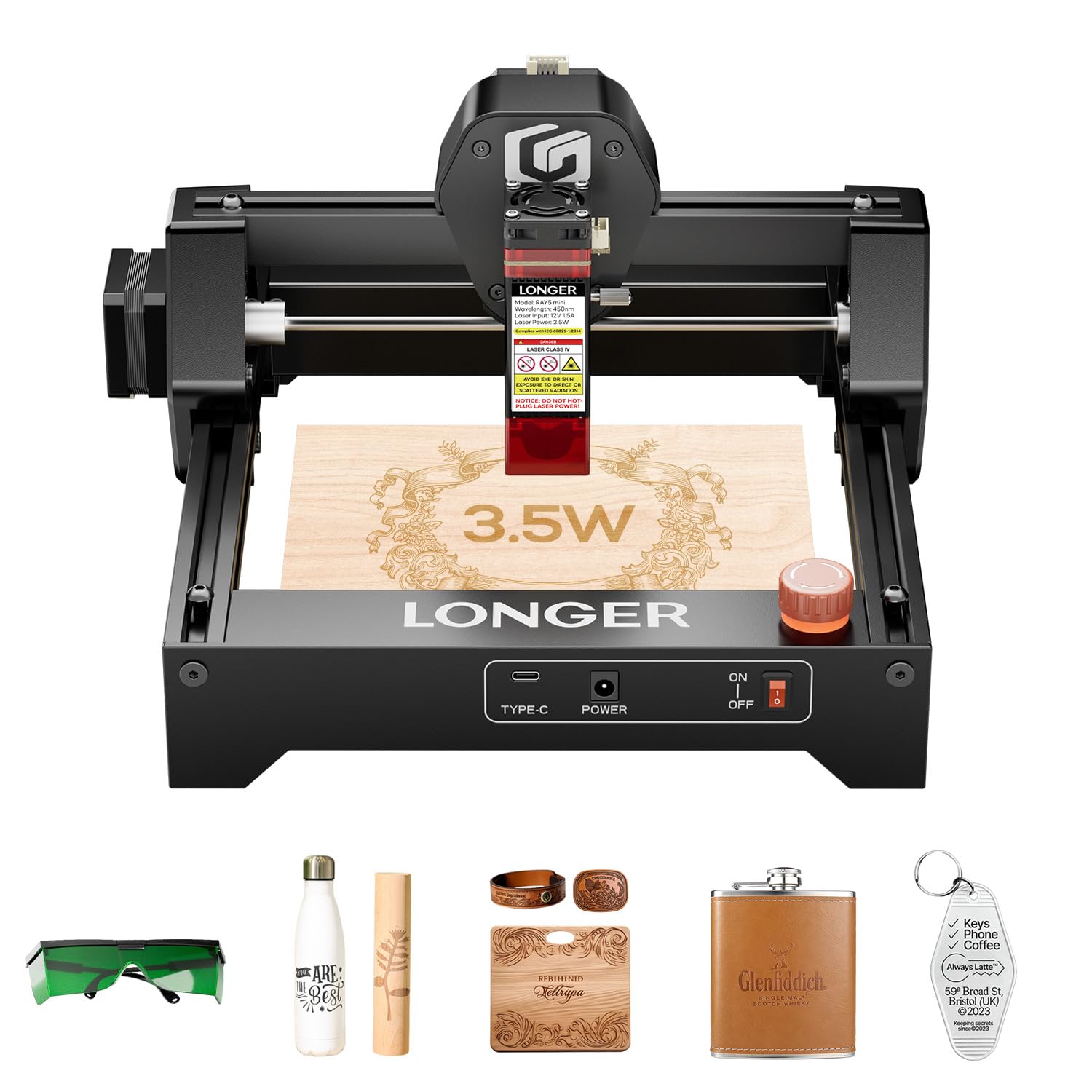 LONGER Ray5 mini Portable Laser Engraver & Cutter – 3.5W, Ultra-Fine 0.04mm Laser Spot, 12,000 mm/min Speed, Perfect for DIY Engraving on Wood, Metal, Acrylic, Leather, and More