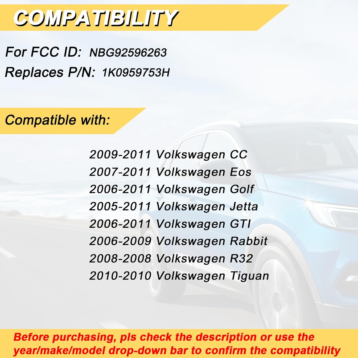 Vurkcy Key Fob Replacement for 2005-2011 VW Jetta/ 06-11 Golf GTI/ 07-11 Eos/ 06-09 Rabbit/ 09-11 CC Car Keyless Entry Remote Control, NBG92596263, 4 Buttons