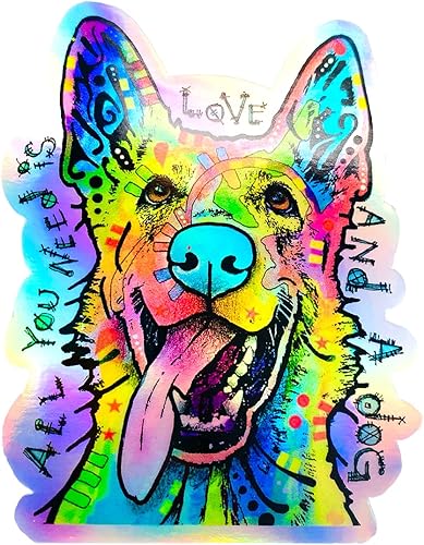 Adhesivo de pastor alemán  "All You Need is Love and a Dog" Dean Russo - Calcomanías holográficas impermeables para automóviles, ventanas de coche,