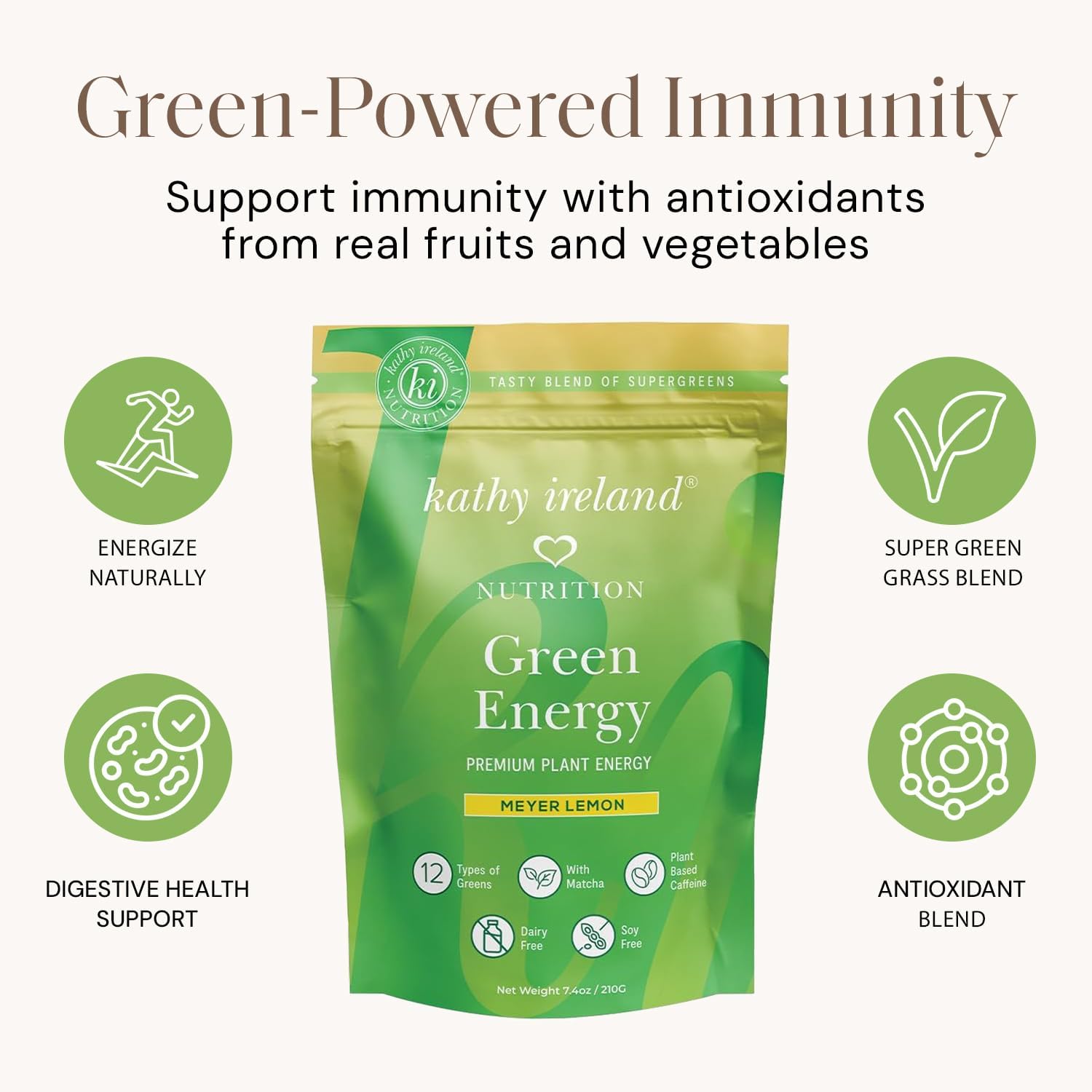 Kathy Ireland Super Greens Energy Powder, Clean Energy Drink Mix with Matcha & Green Tea, Immune & Digestive Support Supplement, No Added Sugar, Meyer Lemon Flavor, 7.4 oz