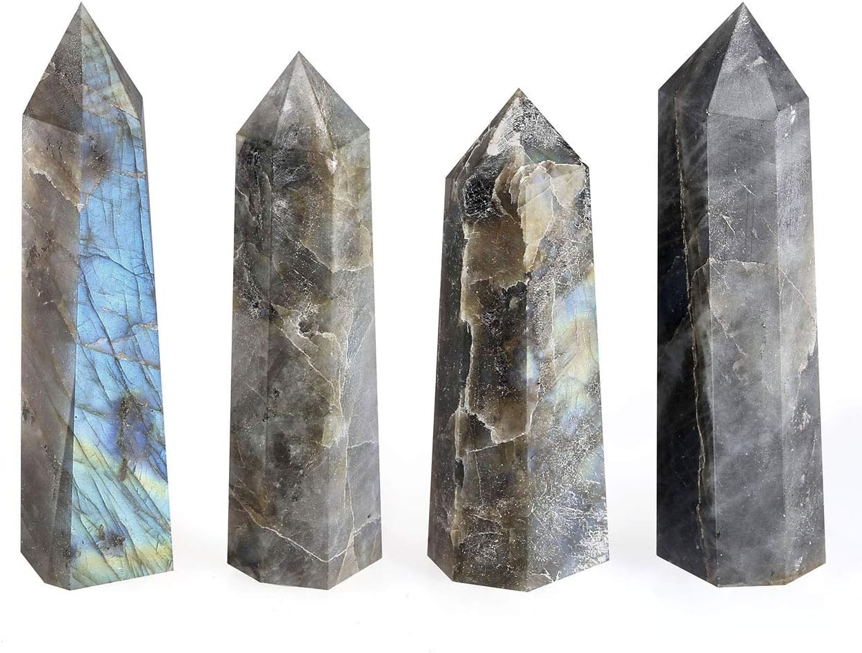 PESOENTH Natural Labradorite Crystal Quartz Point Wand Tumbled Hexagonal Healing Crystal Pointed Faceted Prism Wand Carved Reiki Stone Figurine,2.5"-3.3"