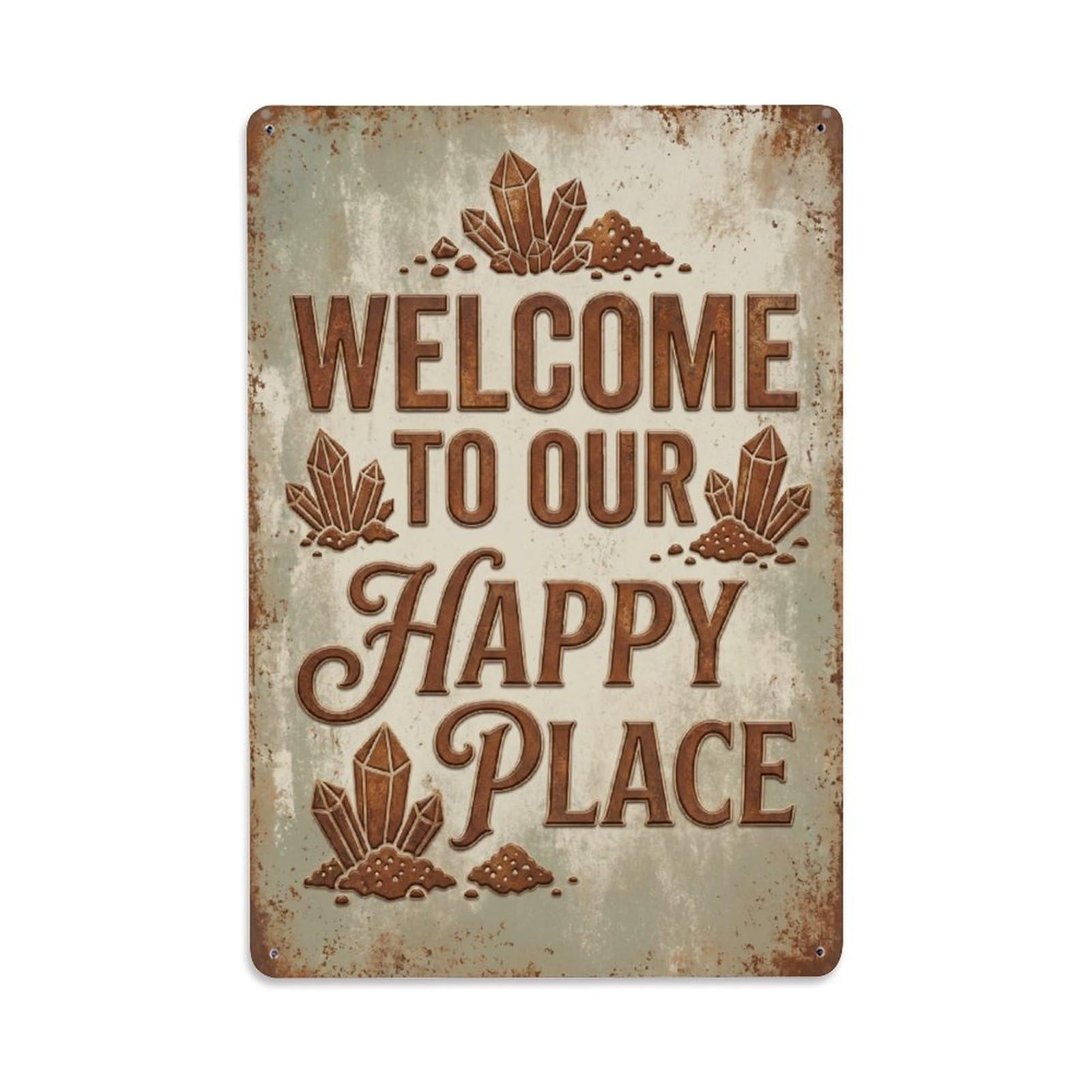 Okngb Style Amazonite Gem Welcome Happy Place Leafy Border Frame Metal Tin Sign Plaque Wall Decor For Cafe, Man Cave, Club Bar, Office, Home Garden Round Metal Poster 8X12inch