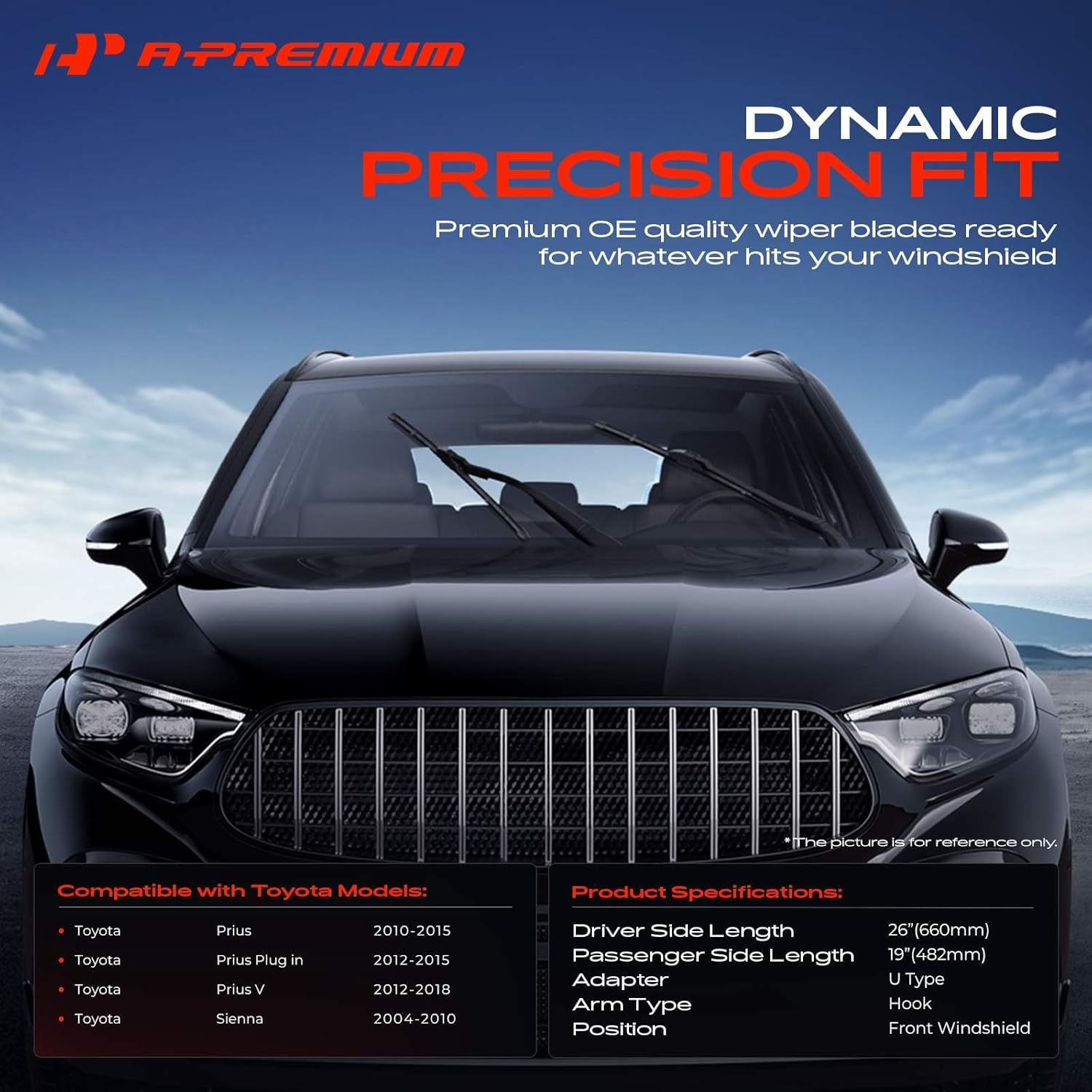 A-Premium Pack of 2 Windshield Wiper Blades with Wear Indicator & Towel - Compatible with Toyota Prius 2010-2015, Prius V 2012-2018, Prius Plug-in, Sienna 2004-2010 - 26" and 19", Hook Connector