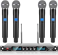 Vista 1 de Sistema de micrófono inalámbrico de 4 canales, micrófono inalámbrico de metal UHF cuádruple, 4 micrófonos de mano, larga distancia de 150 a 200