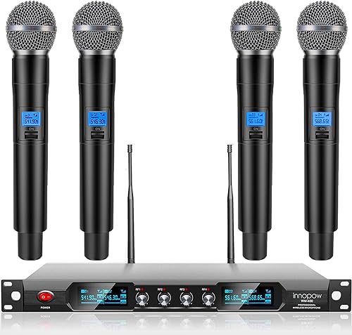 Sistema de micrófono inalámbrico de 4 canales, micrófono inalámbrico de metal UHF cuádruple, 4 micrófonos de mano, larga distancia de 150 a 200