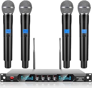 4-Channel Wireless Microphone System, Quad UHF Metal Cordless Mic, 4 Handheld Mics, Long Distance150-200Ft, Fixed Frequency, 16 Hours Use for Karaoke Singing, Church