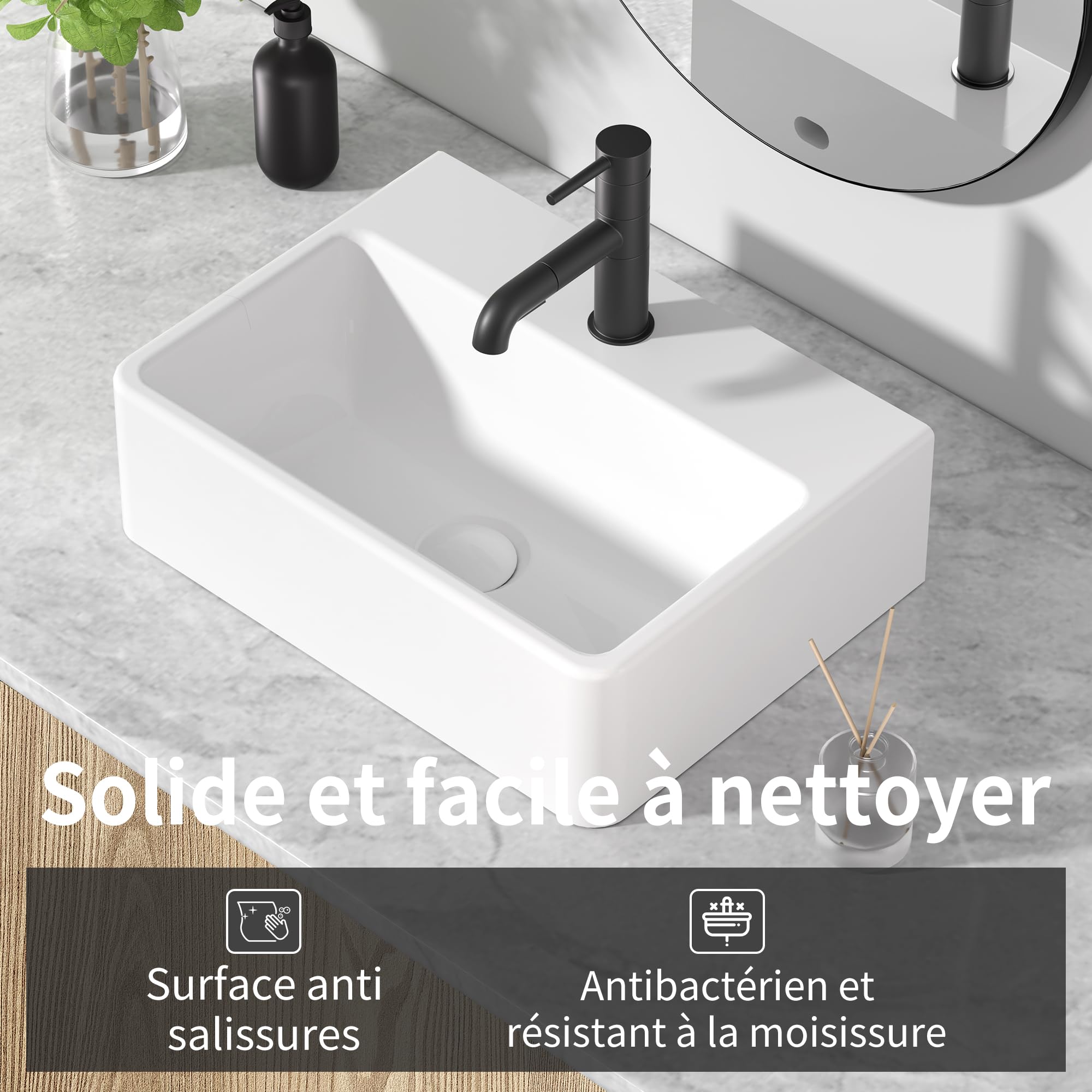 NUESTRA VIDA Vasque à Poser Rectangle en Céramique Blanc, Lavabo Salle de Bain Facile à Nettoyer, Lave Main pour Salle de Bains et WC (40x29,5x12 cm)