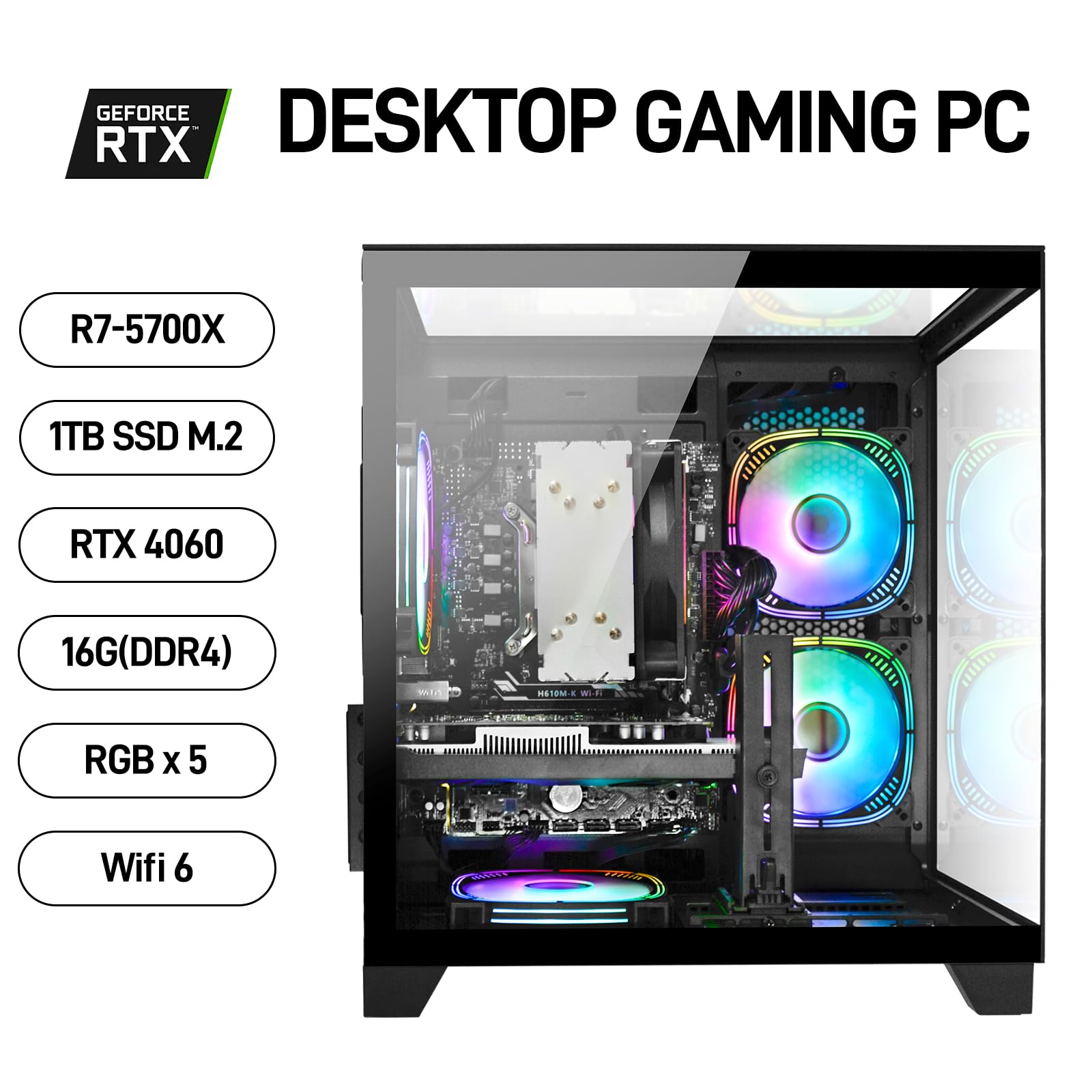 Prebuilt Gaming PC Desktop Ryzen 7 5700X, GeForce RTX 4060, 16G DDR4 RAM, 1TB NVME 3.0 SSD, Tower Computer for Work, Streaming & Every Day Home Use (Black) - 3