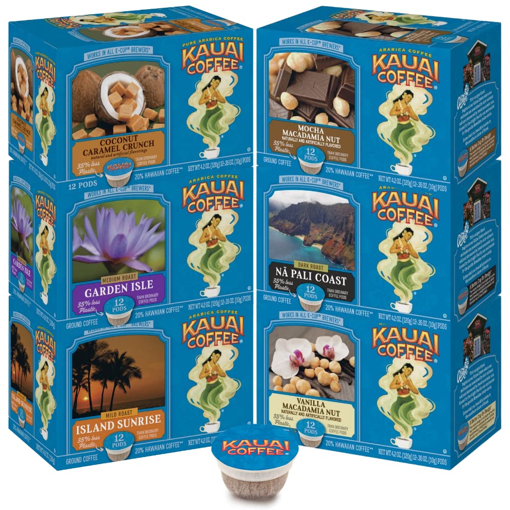 Kauai Coffee Variety Pack of 6, 12 Single Serve Pods, 1 Coconut Caramel Crunch, 1