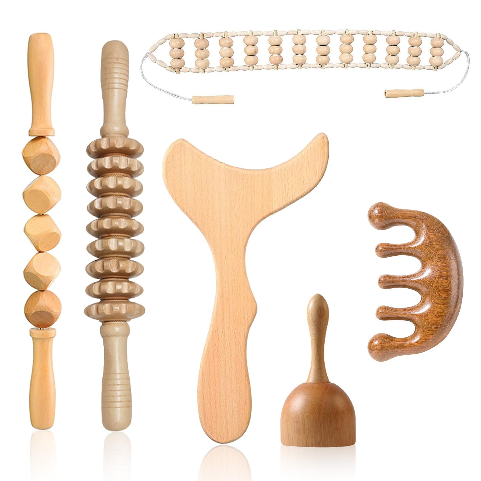 Ensemble d'outils de massage 6 en 1 pour thérapie du bois, kit de drainage lymphatique de bois avec rouleau de fascia, Gua Sha, outils de sculpture corporelle pour contourner et façonner