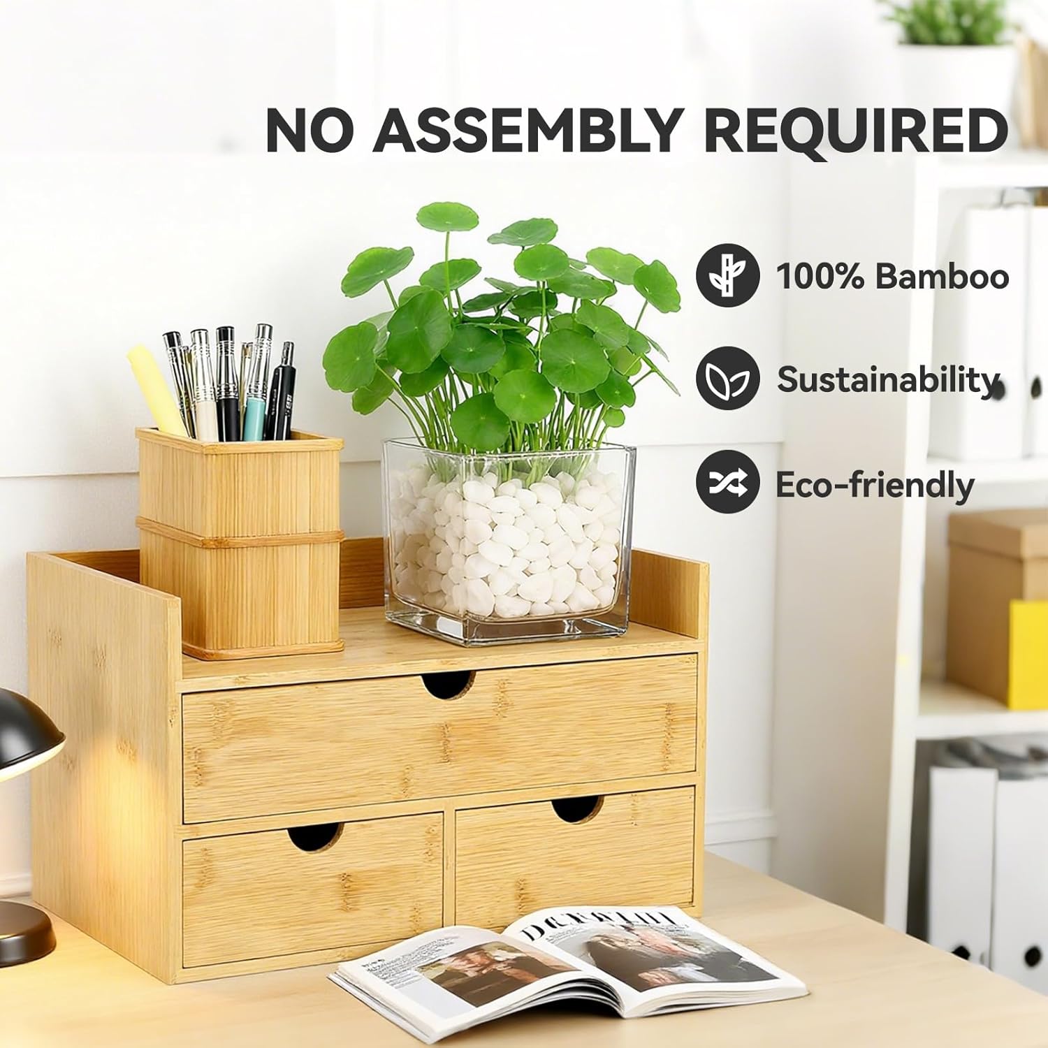 Desk Organizer with Drawers - Bamboo Desktop Organizer for Office Home Makeup Vanity Shelf, Stackable Storage Drawers Box for Desk Organization, No Assembly Required