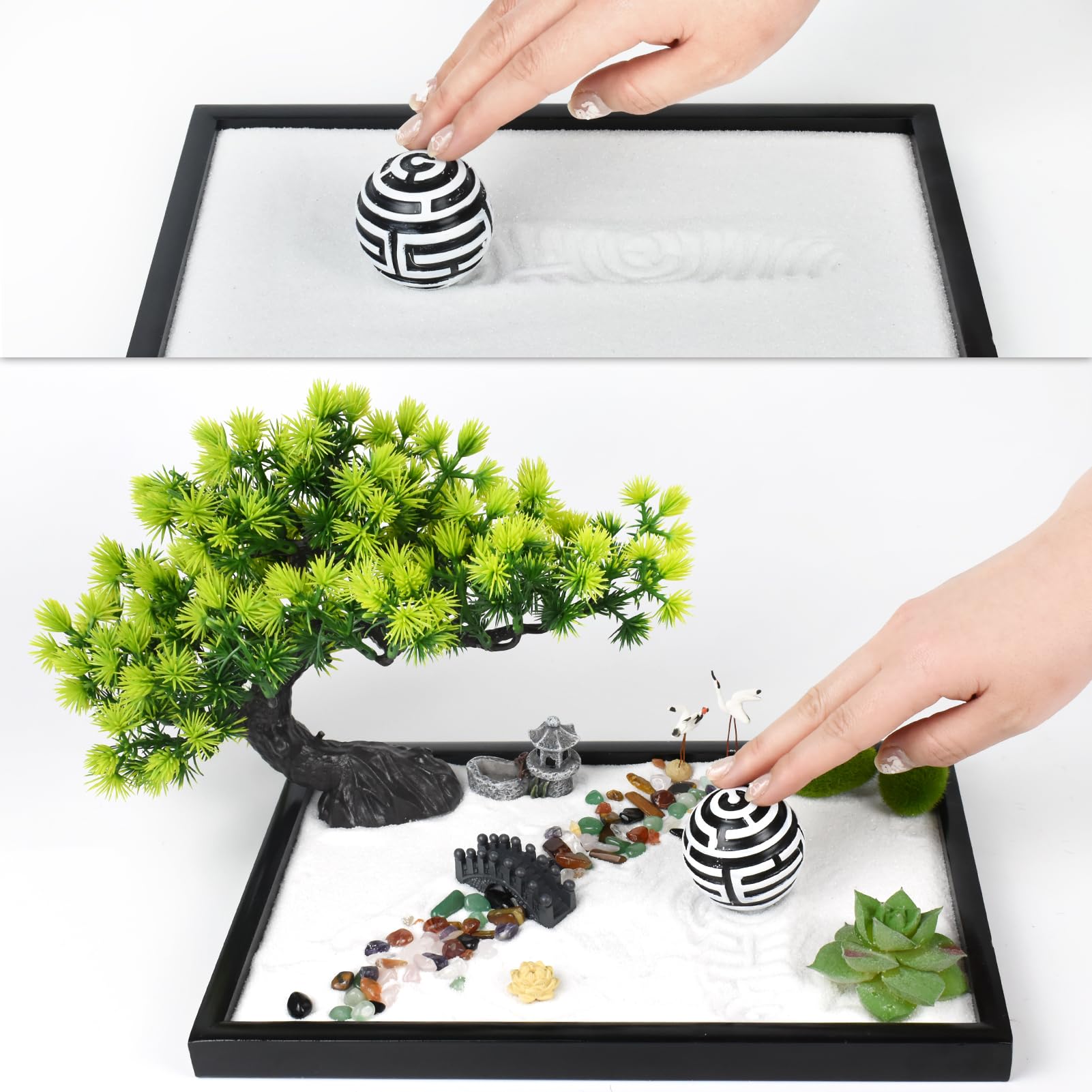 Artcome Japanese Zen Sand Garden for Desk, Home, Office Desk Accessories, Crafted Meditation Therapy Rectangle Tray - Image 4