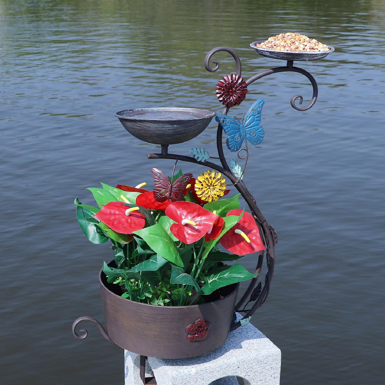 HLQMFHT Baño para pájaros de cubierta, baño para pájaros y comedero para pájaros, pedestal para plantar flores, baño para pájaros montado en la cubierta, para jardín, balcón, patio, decoración de