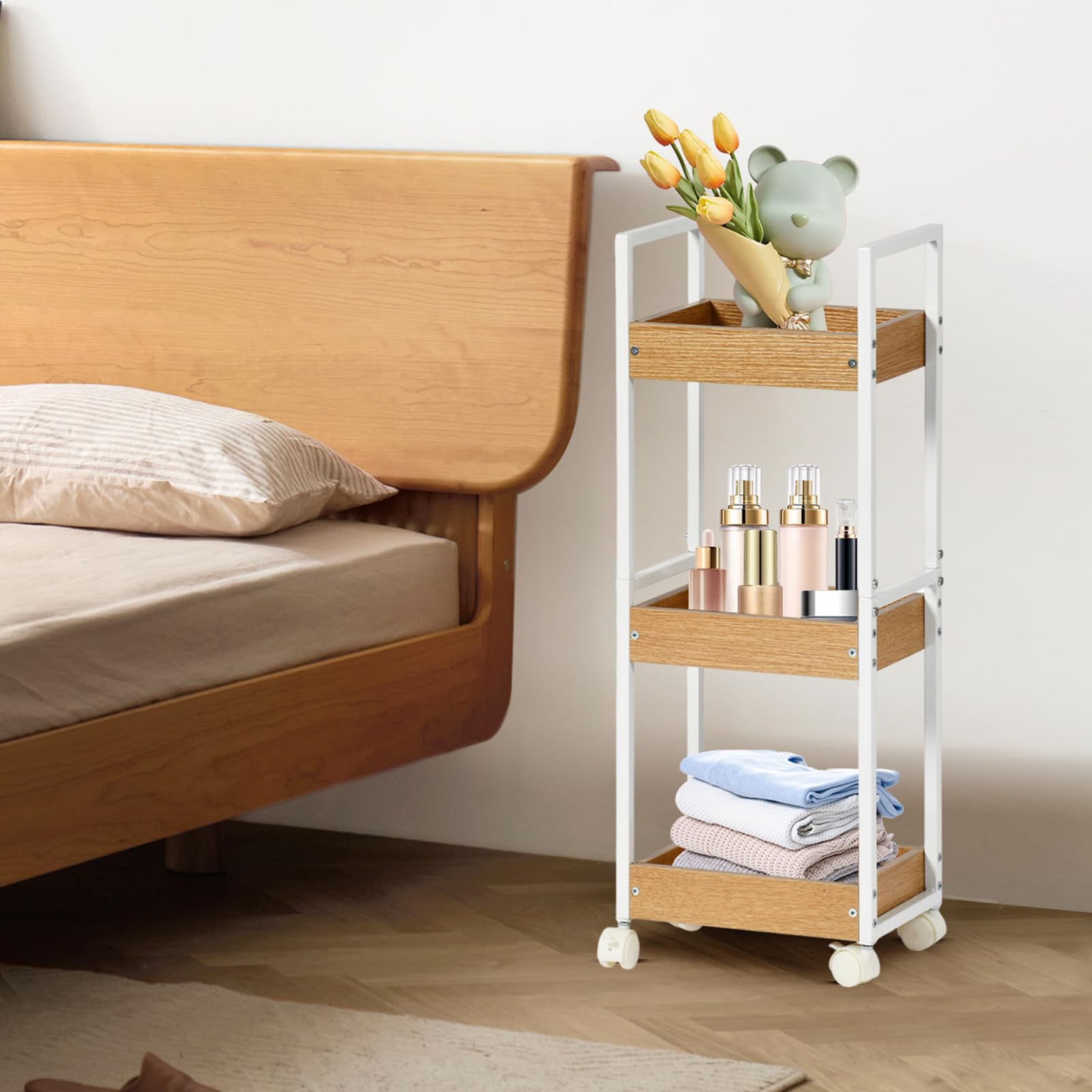 EGGREE Carrello Portaoggetti a 3 Livelli, Carrello Salvaspazio, Mensole Strette per il Bagno, Carrello da Cucina con Rotelle, Carrello bagno, 30 x 20 x 80 cm, Bianco