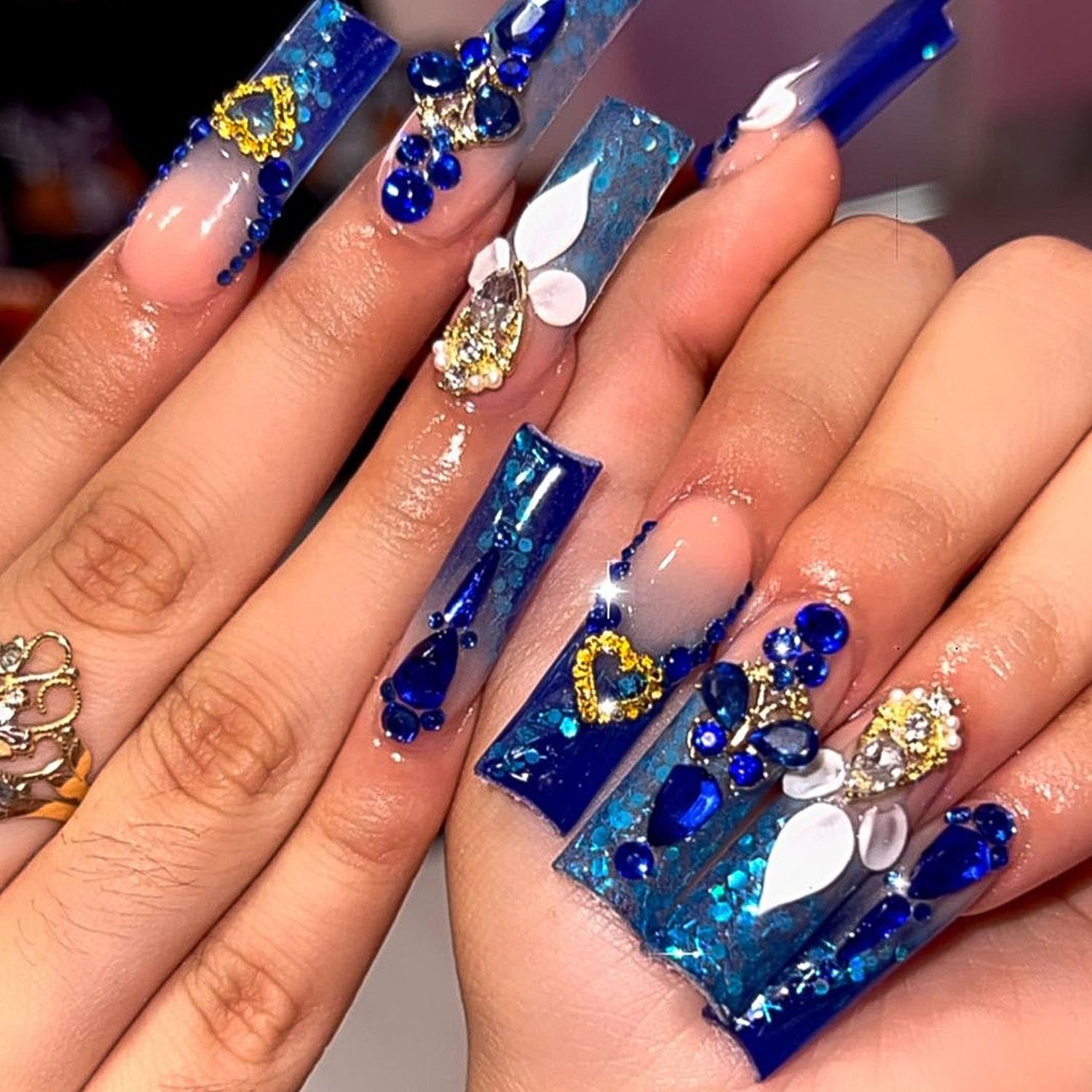 Blue Press On Long Square Fake Nails with 3D Rhinestones Designs Ombre Heart Full Cover Acrylic Glitter Glue on Flowers Bling Extra Long Luxury Stick