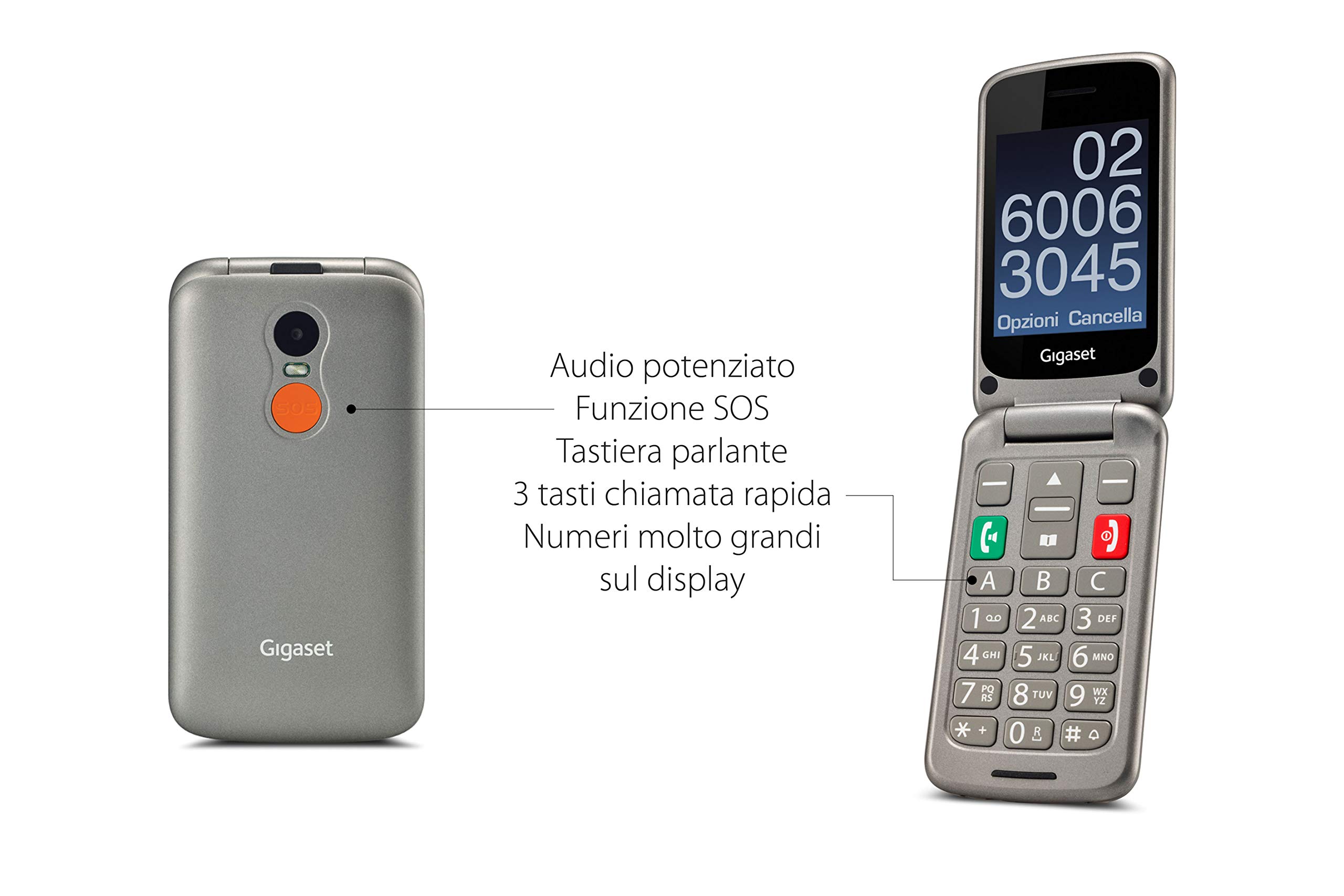 Gigaset GL590 GSM - Senioren GSM Mobiltelefon mit SOS-Funktion - einfache Bedienung mit 2,8" Farbdisplay und sprechenden Tasten - Hörgerätkompatibel - Klapphandy ohne Vertrag, titan-silber
