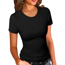 PALINDA Womens Crew Neck Ribbed Fitted Shirt Basic Short Sleeves Summer T Shirt Tops