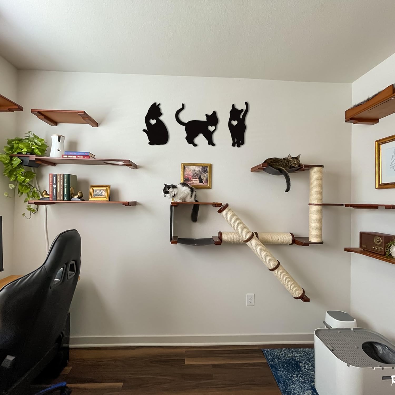 Black Cat Wall Decor Set of 3-11x30 Inch Cat Silhouette Wall Art with Heart - Engineered Wood Cat Decor for Living Room Bedroom Office Nursery - Cat Lover Housewarming Birthday Gift