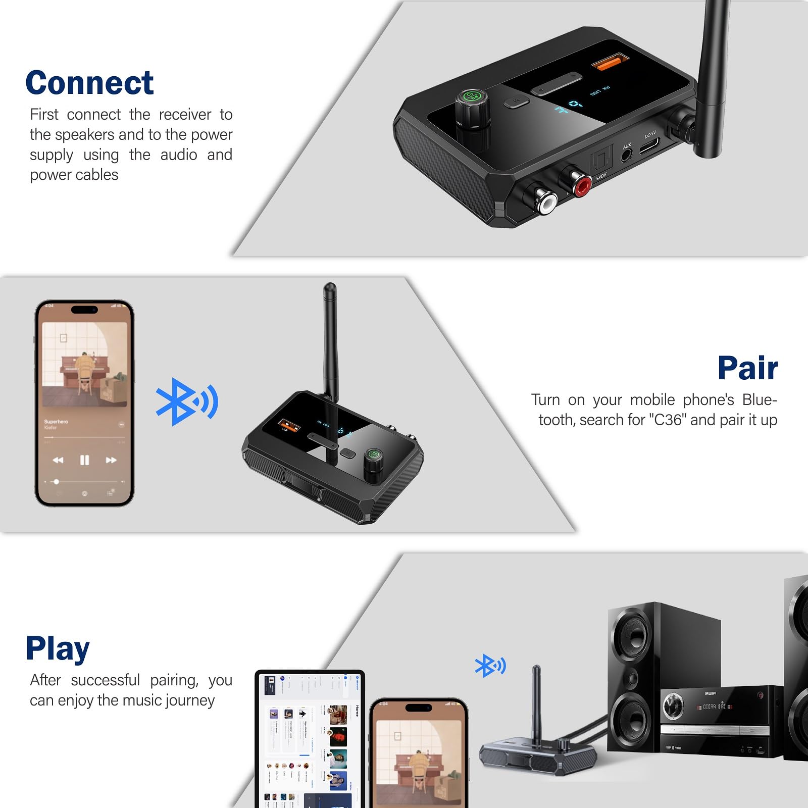 Cuteefun Recepteur Bluetooth 5.3, Contrôle du Volume, Affichage LED, Faible Latence et Réduction du Bruit, Support Optique RCA AUX 3.5mm Jack, Adaptateur Bluetooth pour Appareils Audio