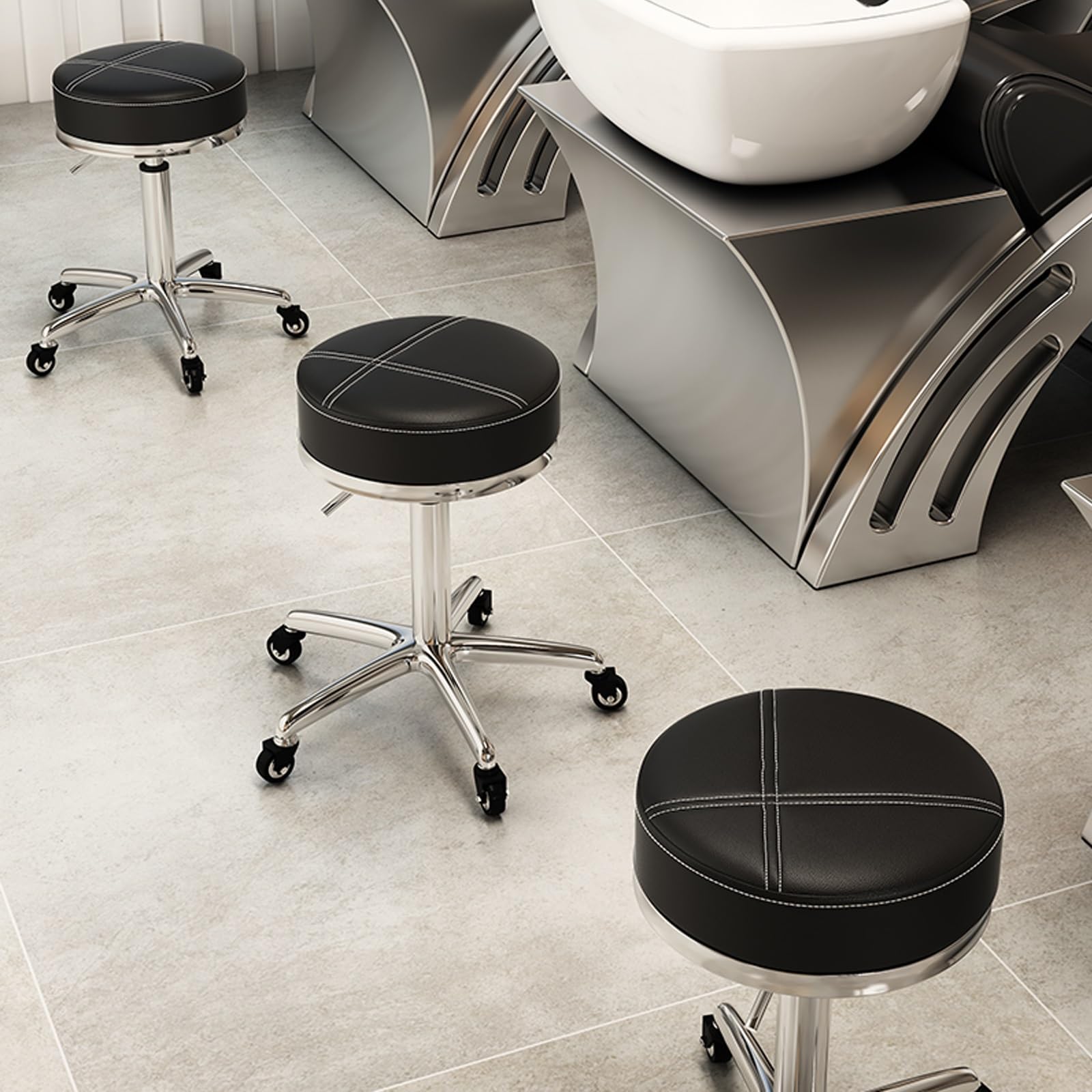 Taburete giratorio de 360° para laboratorio y taller con base cromada resistente a los arañazos, altura ajustable
