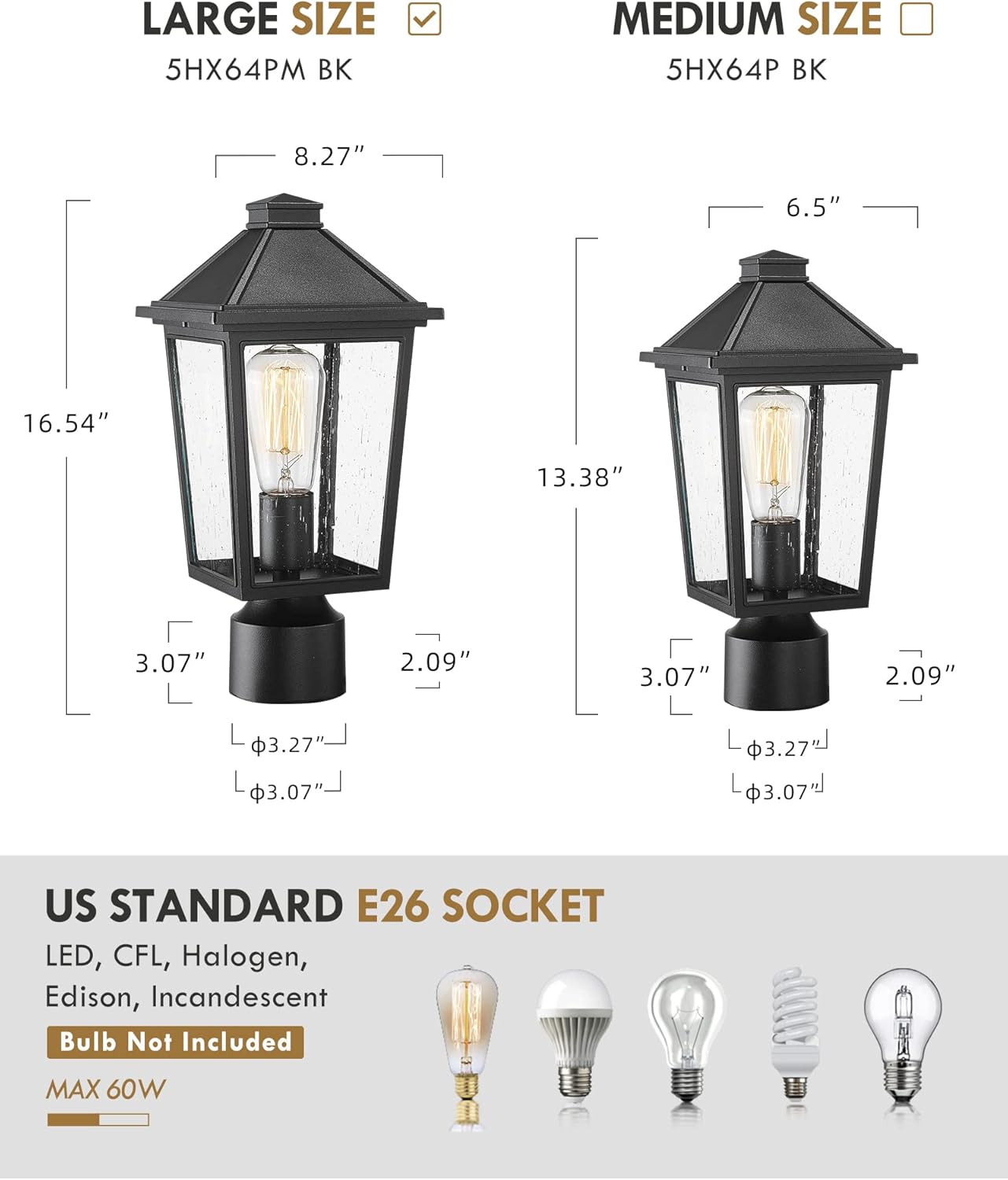 Outdoor Lamp Post Light Fixtures, HWH Modern Post Light Exterior Pillar Lantern with Seeded Glass Shade, Matte Black Finish, 5HX64PM BK (Large)