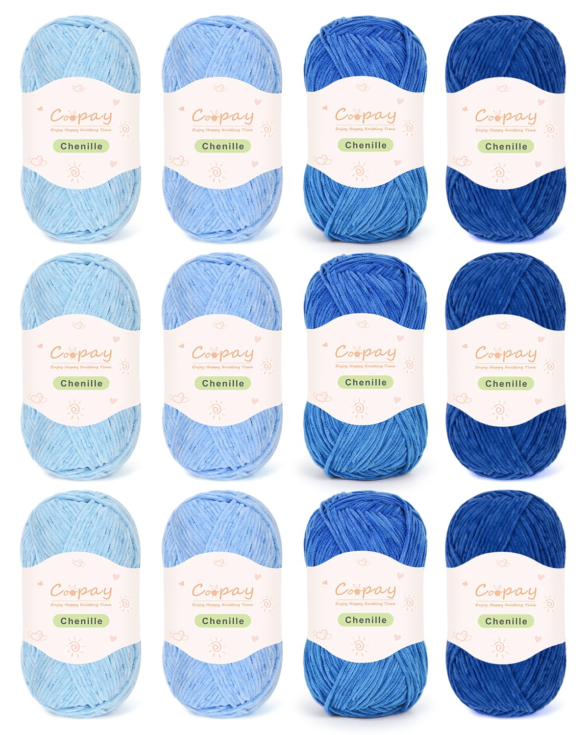 Coopay Chenille Yarn 600g(12×50g), Skinny Chenille Yarn for Crocheting and Knitting, Soft Velvet Thin Crochet Yarns Set for Knitting Blankets, Plush Dolls, Scarves, Socks & DIY Crafts, Blue — image 1