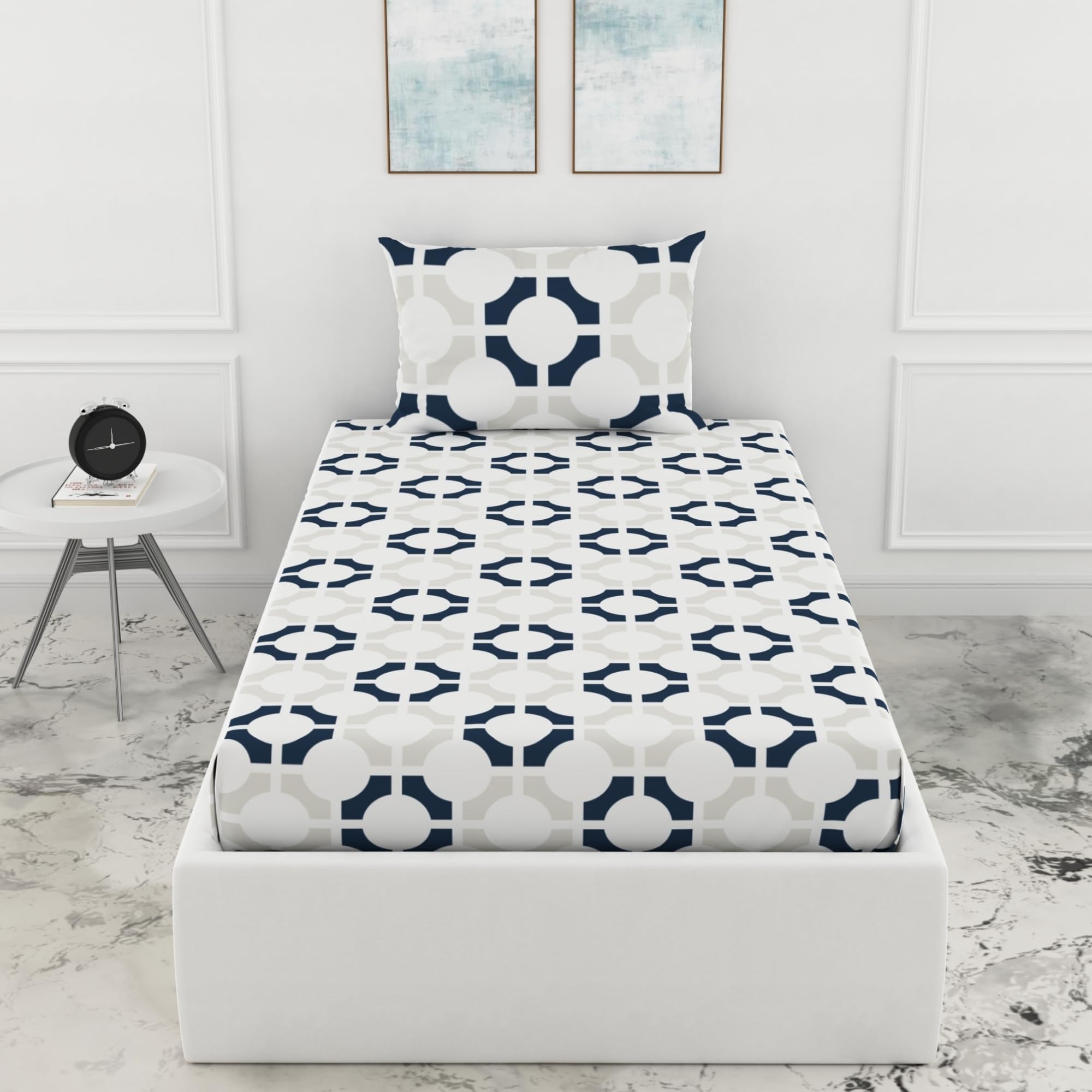 LORETO - A QUALITY LINEN BRAND 144 TC 100% Pure Cotton Single Fitted Bedsheet with 1 Pillow Cover for 72 x 36 Inch Mattress, All-Around Elastic, 8 Inch Deep Pocket, Colonial Blue Matrix-image-2