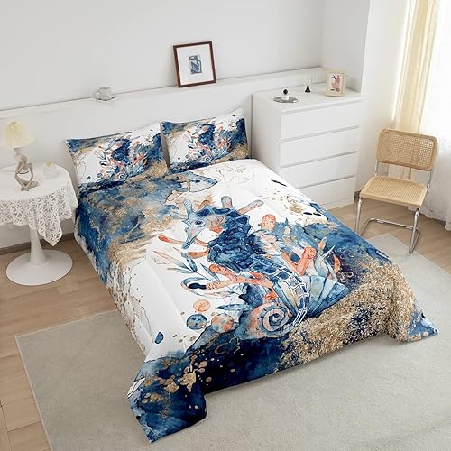 Miniatura 3 de Castle Fairy Juego de edredón de caballito de mar en acuarela para niños, tamaño matrimonial, juego de edredón con estampado de mármol azul