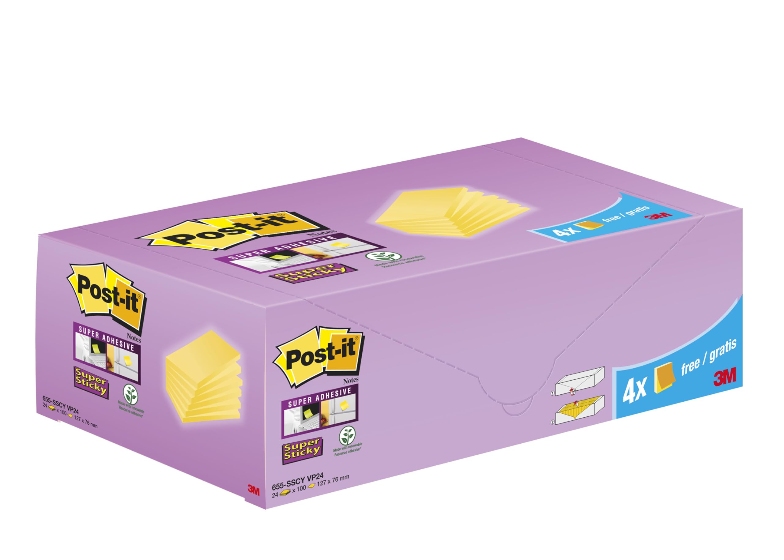 Post-it Notes Super Sticky, 24 Blocs (2160 Feuilles), 127 mm x 76 mm, Jaune