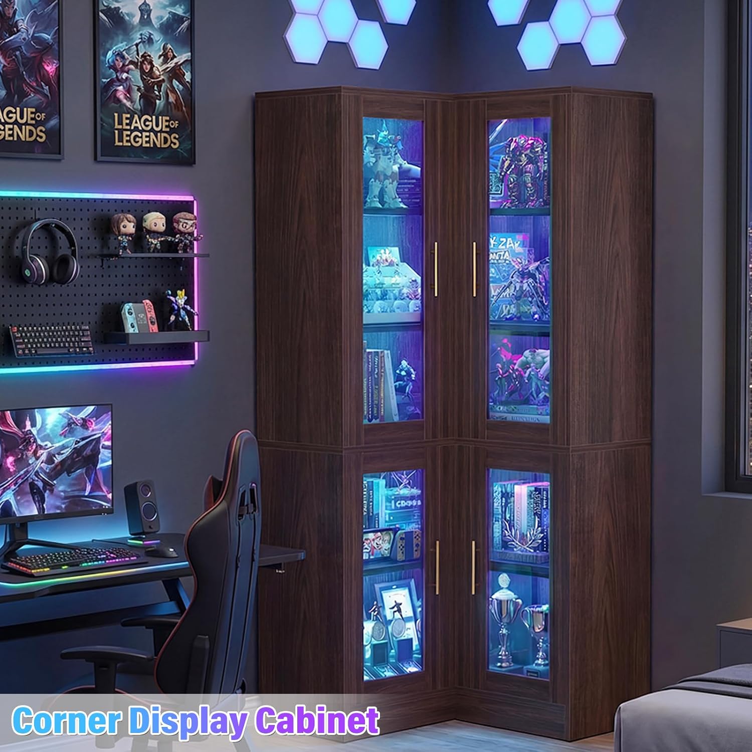 Armocity Corner Display Cabinet with Glass Doors, Display Cabinet with RGB Light Strips, Corner Kitchen Pantry Storage Cabinet with Doors, 70" Tall Bar Cabinet, Black Walnut