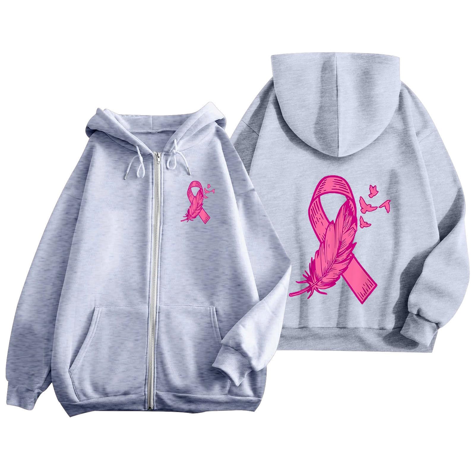 Cardigan Décontracté à Capuche Octobre Rose - Coupe Ample S à 3XL - Manches Longues, Fermeture éclair Et Poches - Soutien Cancer Du Sein - 4