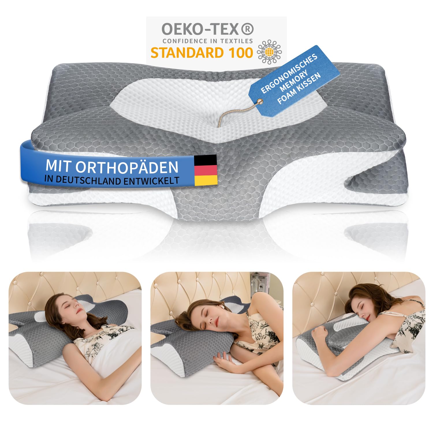 IDEA Almohada cervical, almohada ergonómica para el dolor de cuello, almohada de espuma viscoelástica para los lados, la espalda y el estómago, almohada para dormir para aliviar el cuello y el sueño