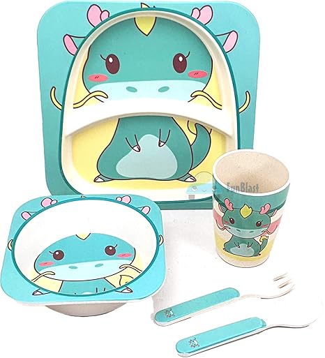 FunBlast (Set of 5 Pcs) Bamboo Fiber Eco-Friendly Kids Feeding Set, Bamboo Fibre Dinner Set for Kids (Butterfly)