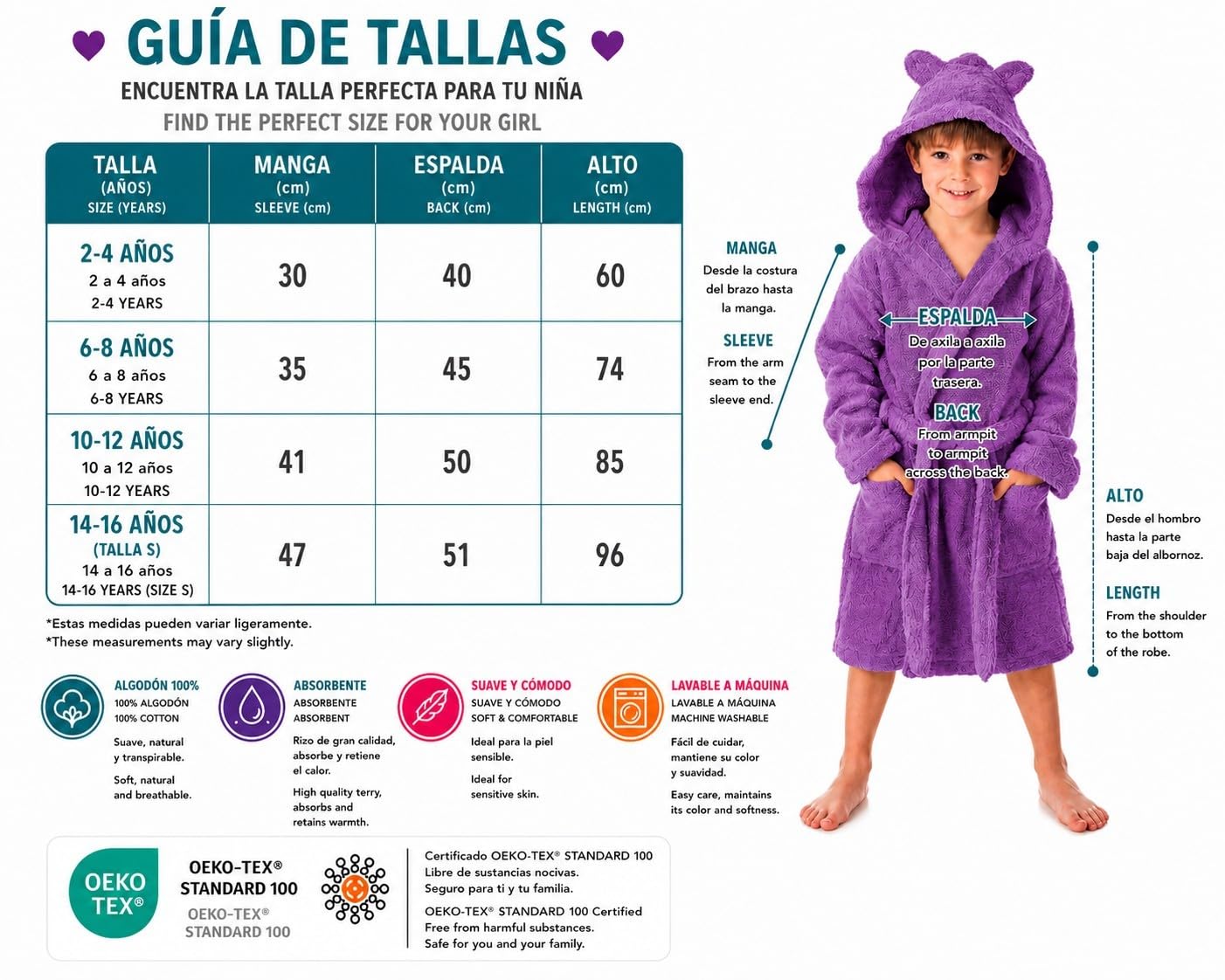 DHESTIA HOME Albornoz Niños y Niñas Unisex - Infantil Capucha con Orejas y Bolsillos - 100% Algodón OEKO-TEX