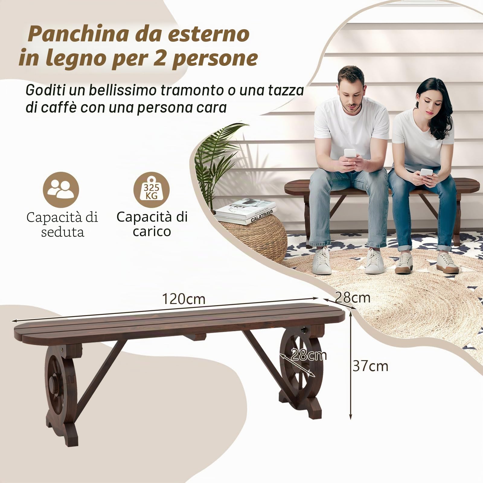 GIANTEX Panca da giardino resistente alle intemperie, in legno con ruote a carrello, per 2 persone, in legno massello carbonizzato, portata fino a 325 kg, panca da balcone 120 x 28 x 37 cm, QS44624DE