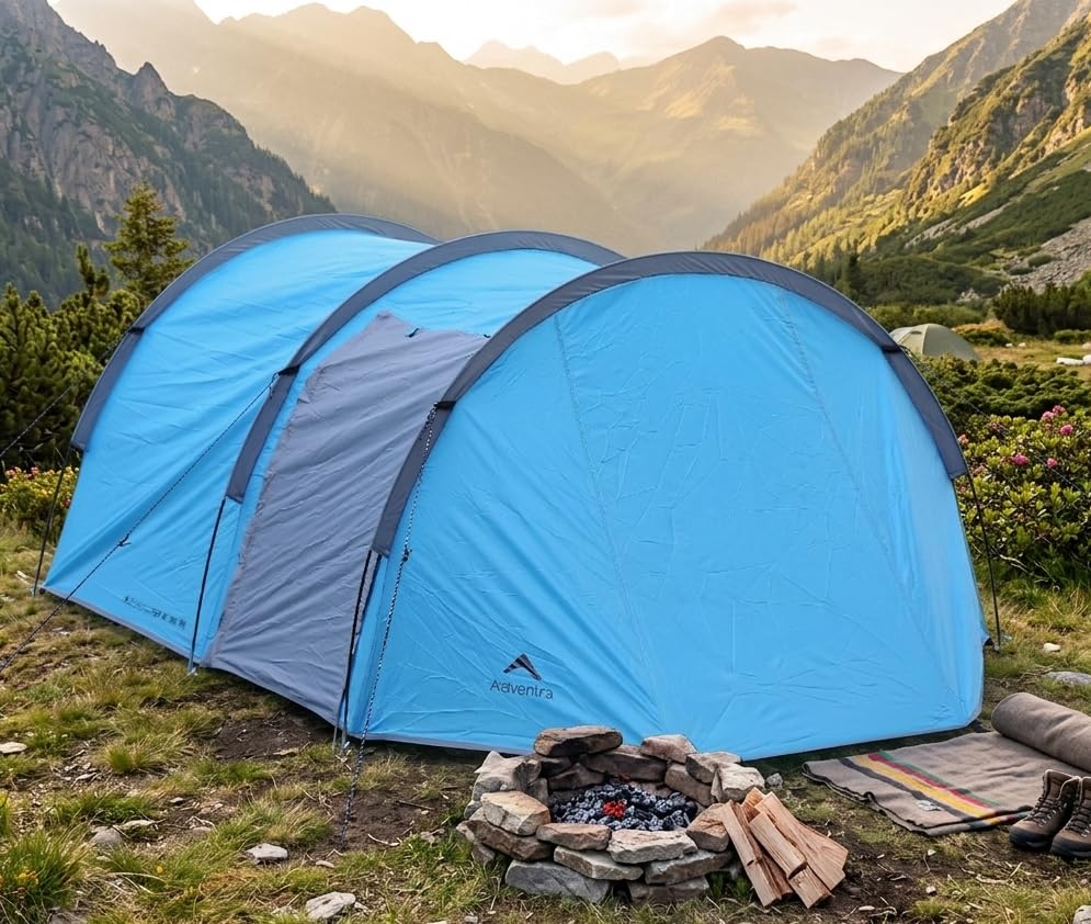 Image of 4 Person Camping Tent | Waterproof 1200mm | Ventilation Windows |Portable | ET1104 | Aqua Blue