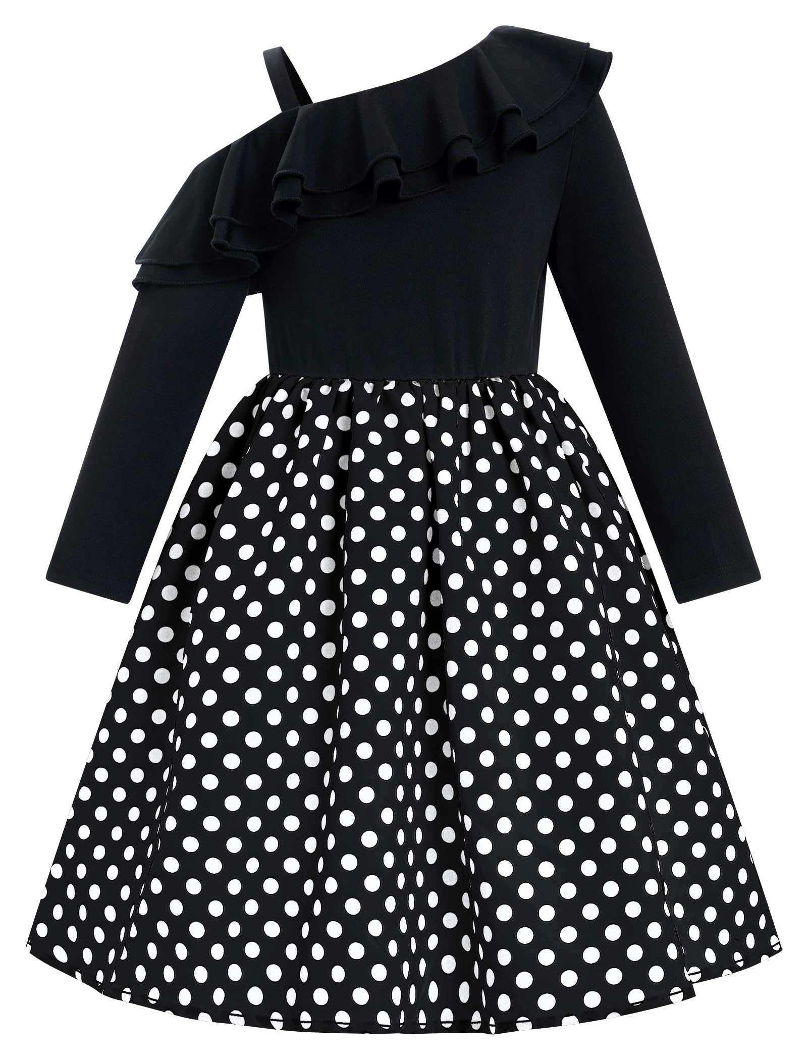 One Shoulder Rüschen Langarm 50er Jahre Vintage Kleider für Mädchen 1950er Jahre Polka Dot Kinder 50er Jahre Rockabilly Geburtstag Party Swing Kleid