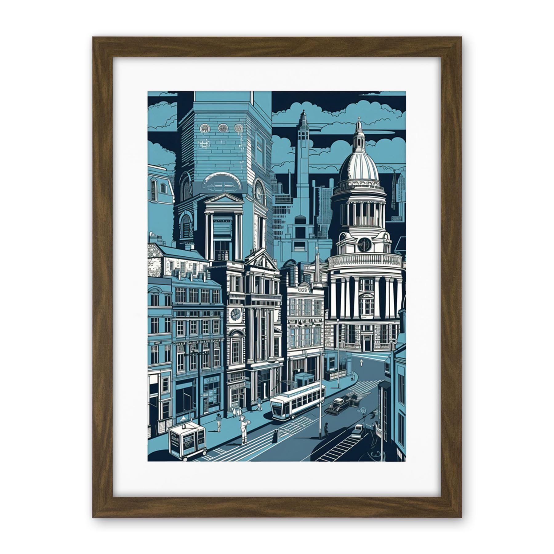 Artery8 Belfast Cityscape City Centre Hall Linocut Style Artwork Framed Wall Art Print 18X24 Inch
