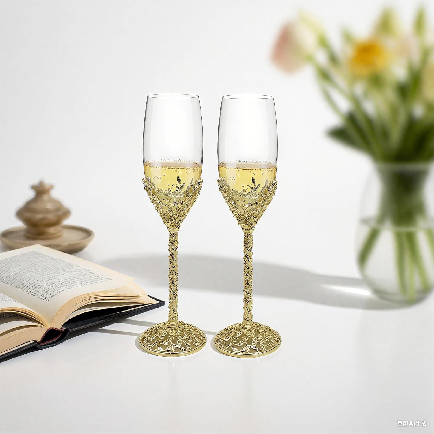Gold Champagne Flutes -His and Hers,Wedding Toasting Glasses for Wedding,Engagement Celebrations, Bridal Shower and Registry Idea,Wine Glasses for Bride and Groom Gifts,7oz (Light Glod) - Image 6