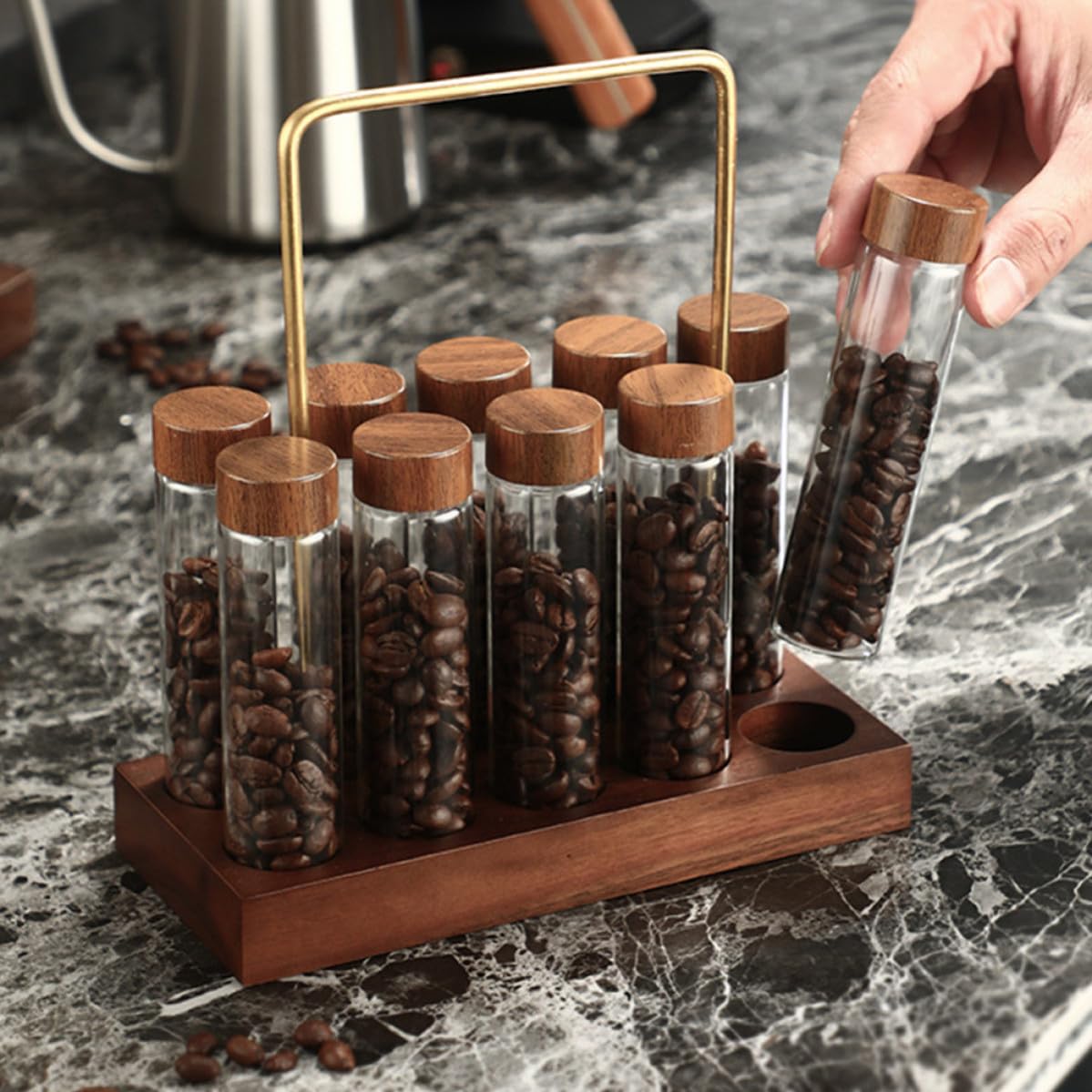 Angoily Glasröhrchen zur Aufbewahrung von Kaffeebohnen, modernes Design aus Glas und Messing, luftdichter Kaffeebehälter, geeignet für Kräuter und kleine Gegenstände in der Küche
