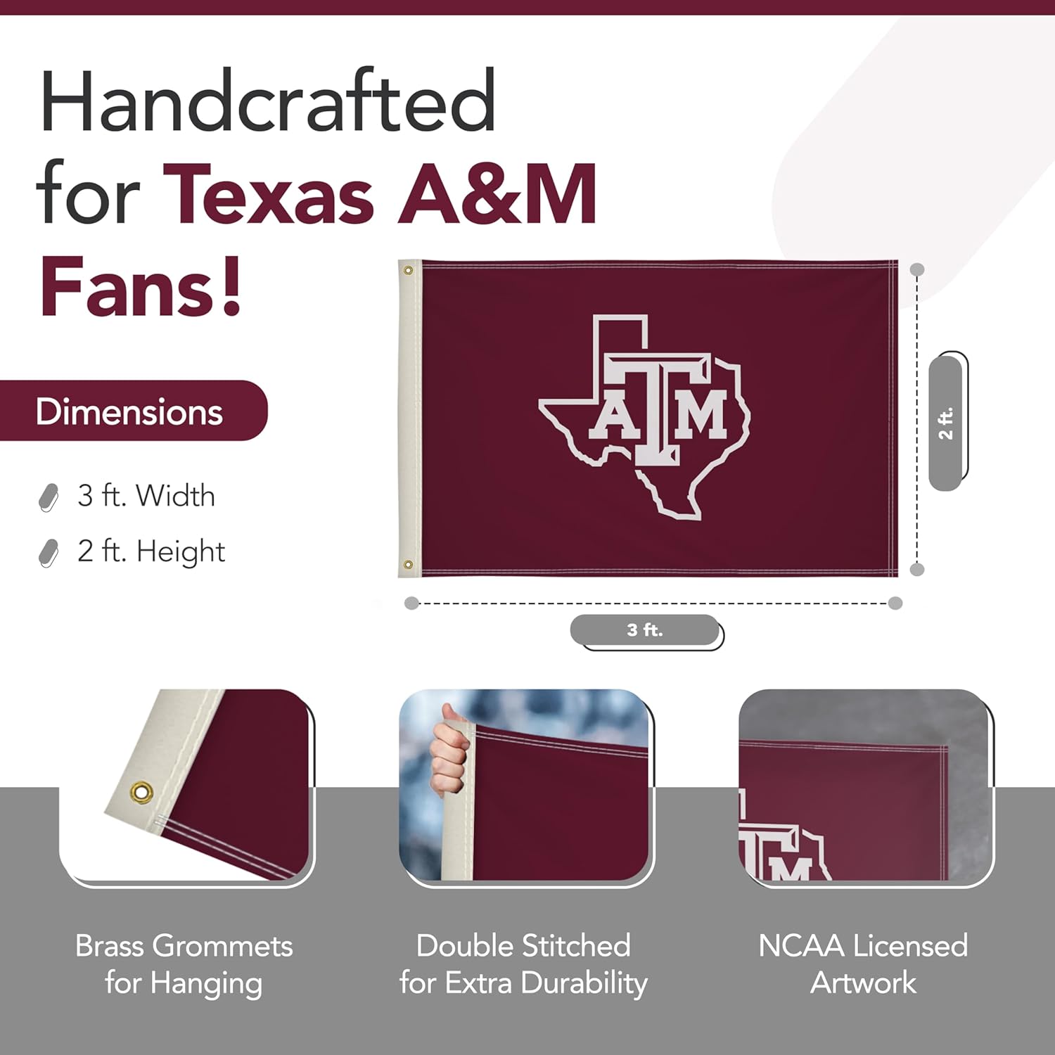 Texas A&M Aggies College Sports Printed Flag - NCAA Licensed - Nylon - School Banner (Maroon, White) (2' x 3') - Image 2