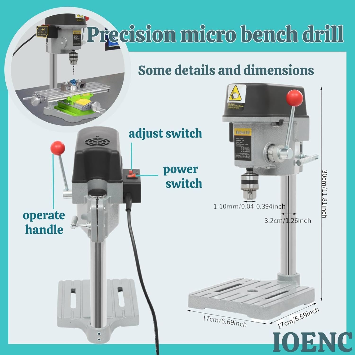 Portable Jewelry Drill Press,with Wrench - High340W,Adjustable Speed (0-16,000 RPM),Bench Top Drill Press Variable Speed,for Metal Wooden Jewelry DIY and Crafts Projects